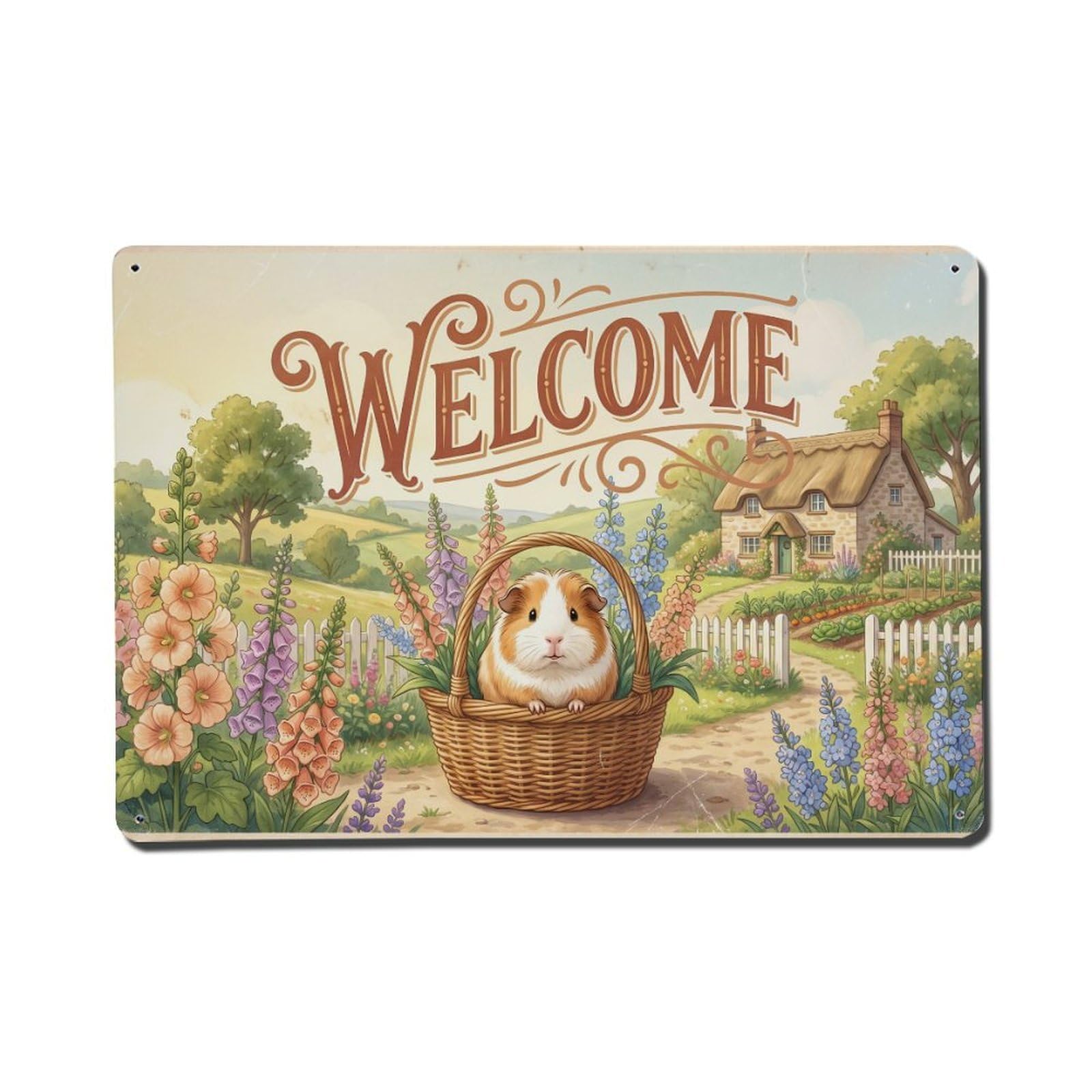 Vintage Welcome Guinea Pig Happy Home Metal Tin Sign