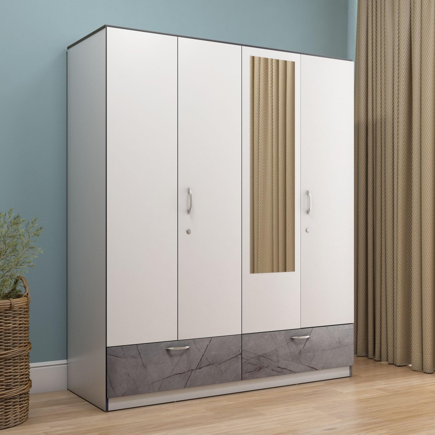 @home Nilkamal Marbito 4-Door Wardrobe with Mirror|Engineered Wood Build|3 Drawers with Marble Finish|Hanging Rod, A Lockable Drawer and Multiple Shelves for Storage|1 Year Warranty|Frosty White-picture-22