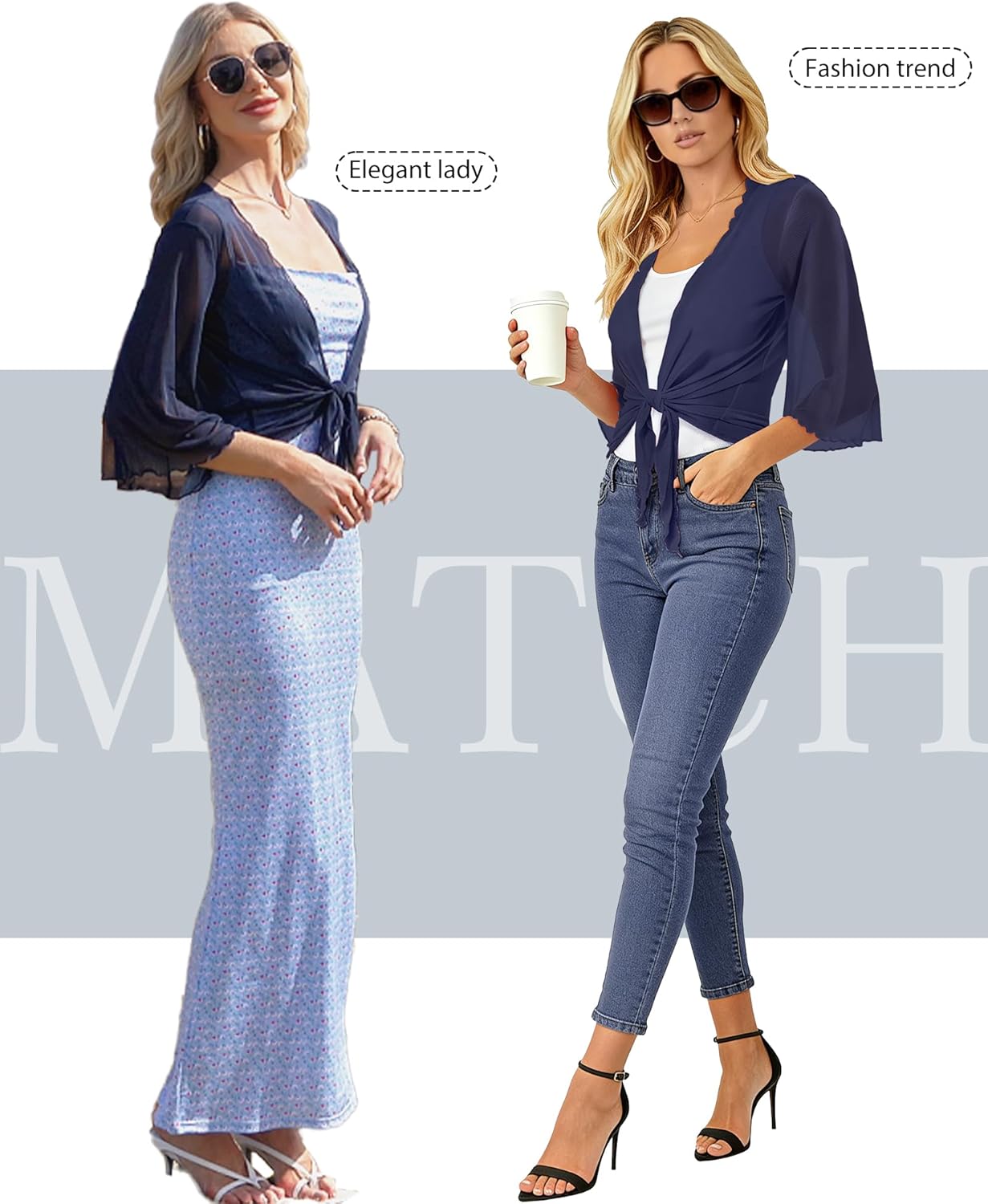 Women's Short Cardigan Bolero Shrug Sheer Tie Front Top 3/4 Sleeve Jacket for Dress - Image 4