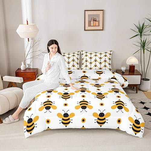 Miniatura 4 de Erosebridal Juego de edredón de abeja amarilla, tamaño King, juego de edredón de abeja de abeja de dibujos animados Kawaii para niños y niñas, juego