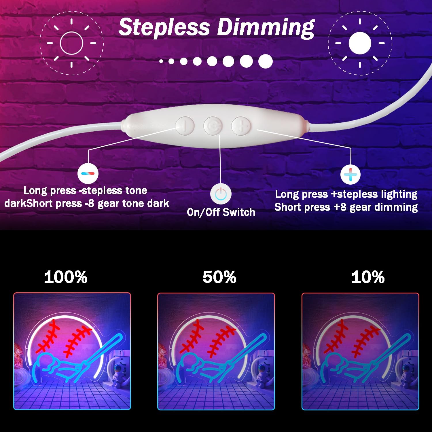 Baseball Neon Sign, Dimmable LED Light for Wall Decor, USB Powered Switch Light Up Art for Bedroom, Shop, Living Room - Christmas Kids Gift - Image 5