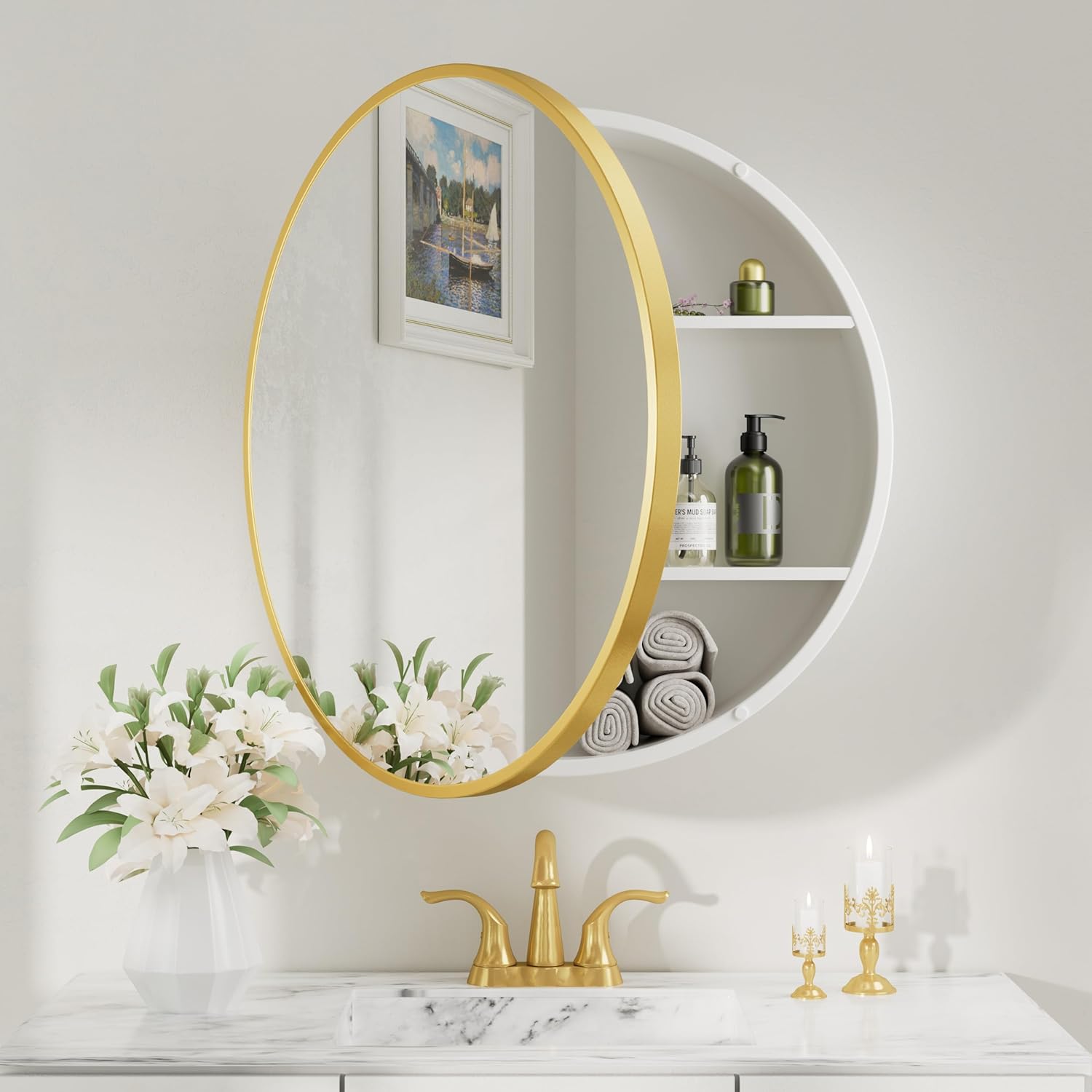 Keonjinn 26 x 26 Round Medicine Cabinets for Bathroom, Gold Surface Mount Metal Framed Medicine Cabinet with Mirror, Modern Medicine Cabinet Wall Mount Only, Farmhouse Mirrored Cabinet with Storage White Gold Round 26 Inch