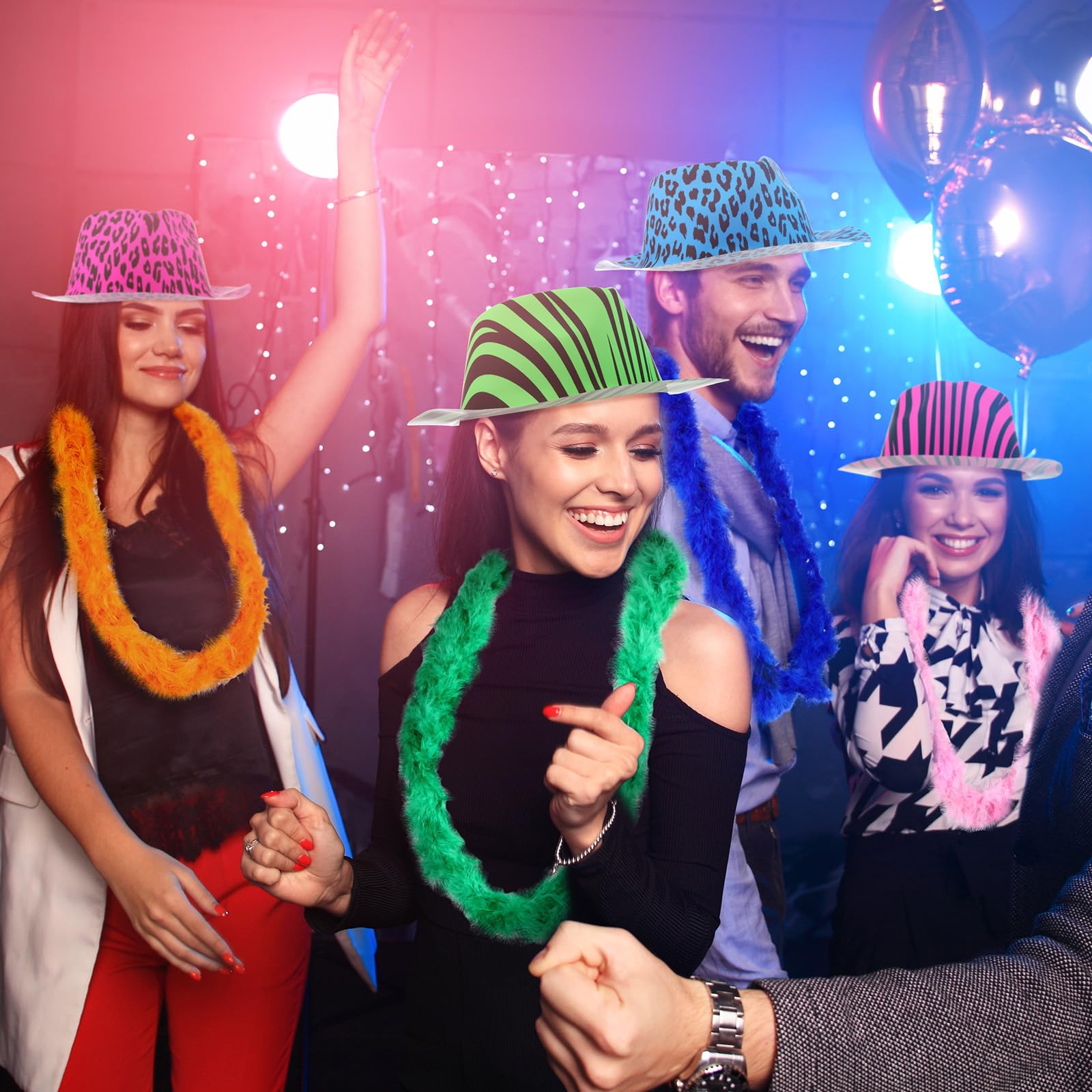 JaGely Paquete de 60 suministros de fiesta de neón que incluyen 30 sombreros de fiesta de plástico con estampado de animales de neón y 30 boas de plumas para cumpleaños, despedida de soltera, carnaval