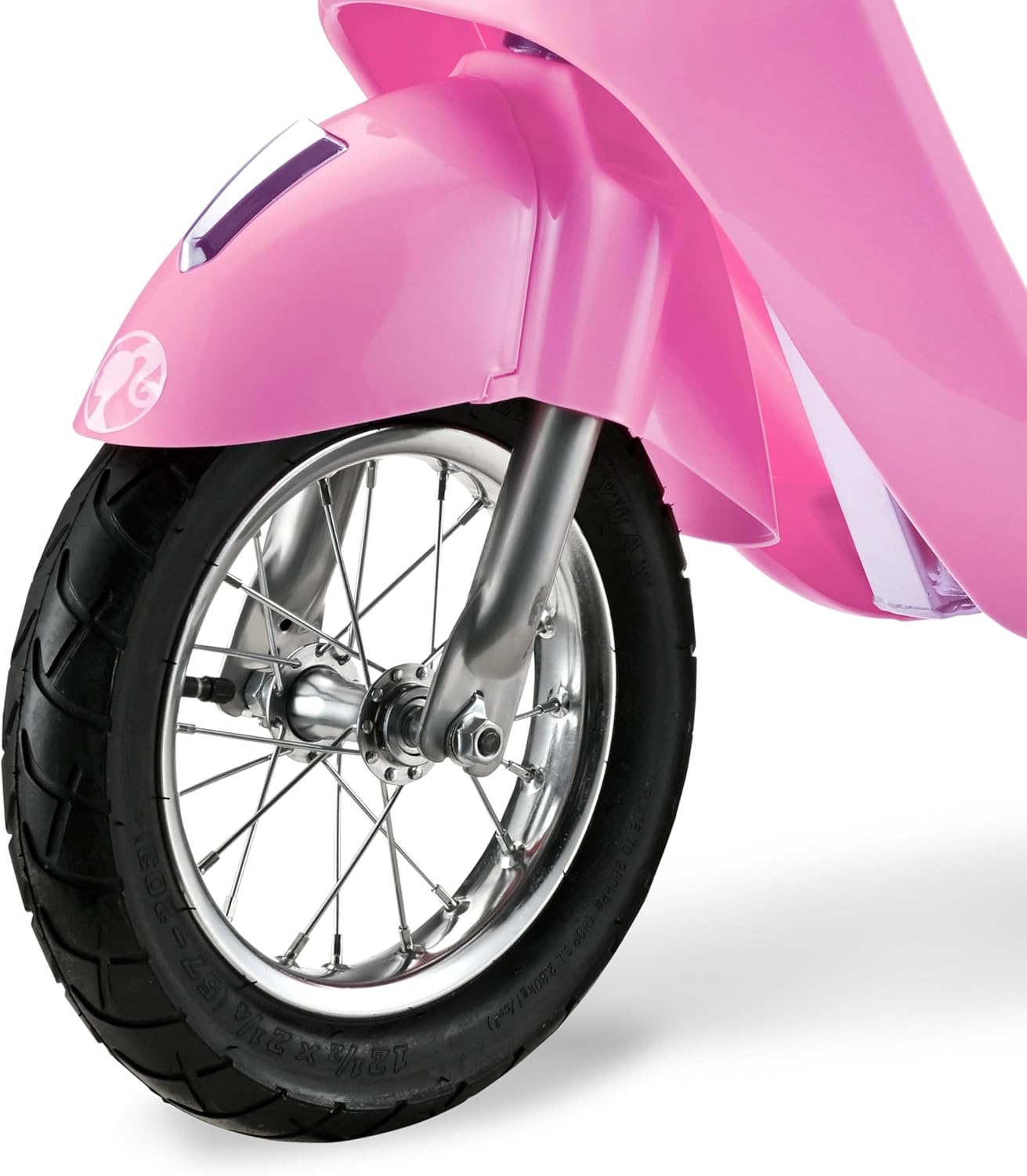 Close-up of Barbie 24V Retro Scooter front wheel