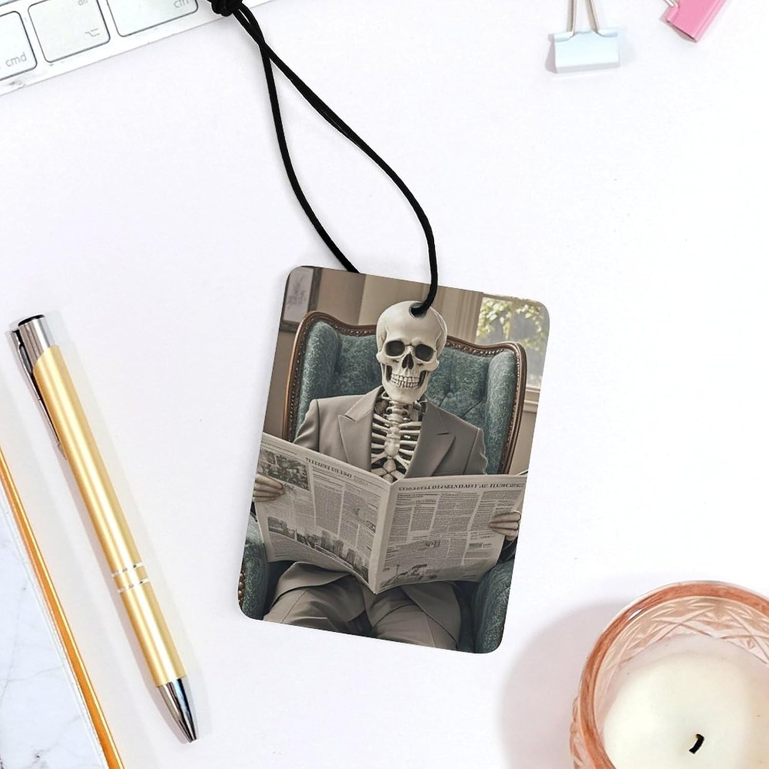 Skeleton Reading Newspaper Car Air Freshener Hanging, Long Lasting Scented Car Aromatherapy Tablets, Square Fragrance Scented Cards for Vehicles, Bedroom, Wardrobe Black-style image 4