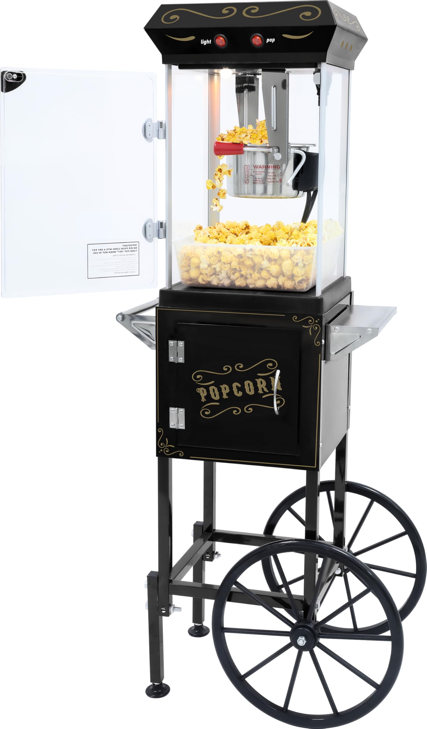 Popcorn Machine with Cart Wheels - Popcorn Maker with Stainless Steel Kettle, Popcorn Popper for Home, Theater, Parties (Black, 8OZ Cart)