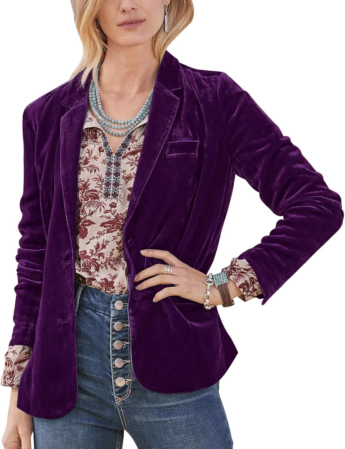 MINTLIMIT Velvet Blazer for Women Notched Lapel Classic Casual Formal Button Front Cardigan Suit Blazer Tailored Velvet Jacket Coat(Purple,2XL)