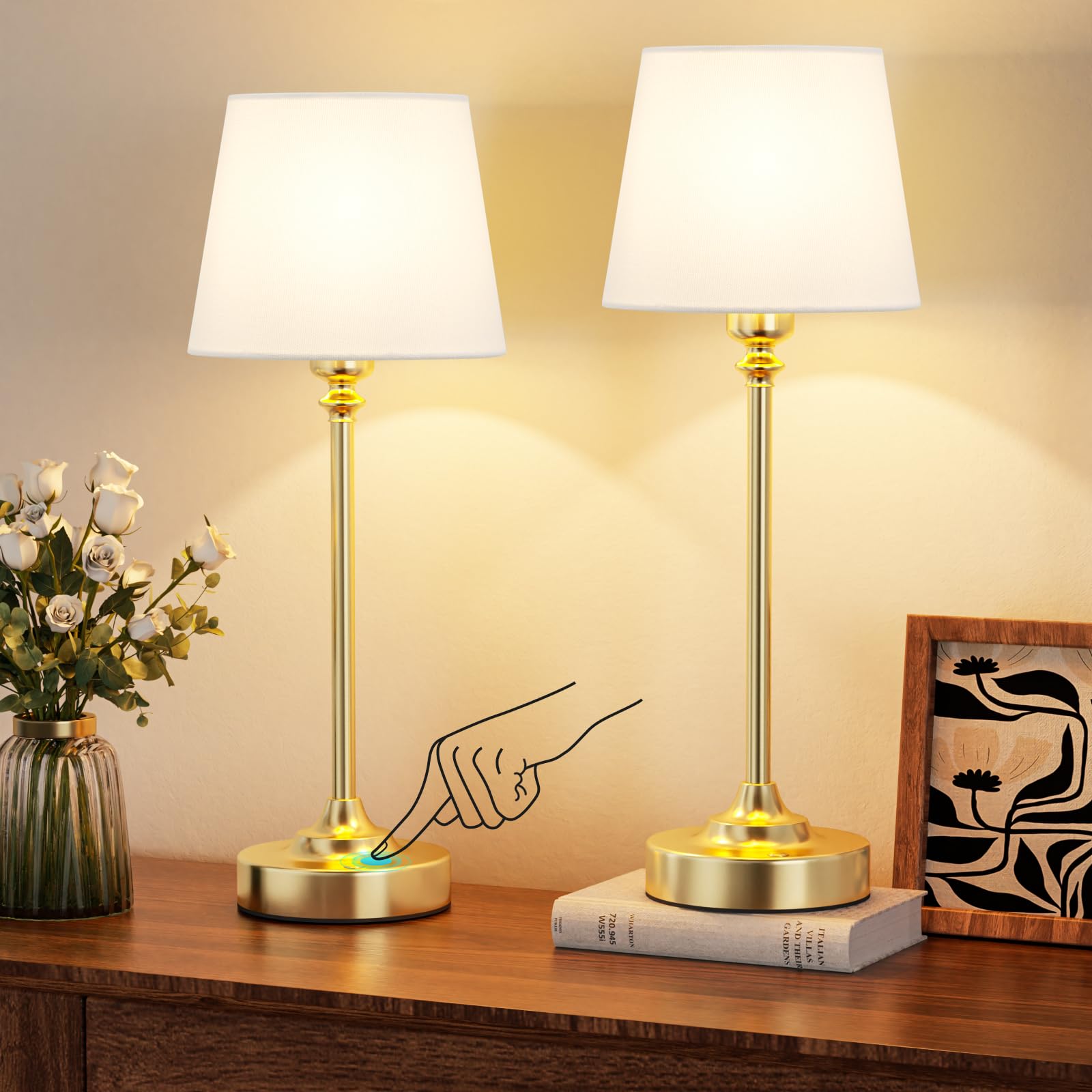 PreeOtti Tischlampe Kabellos 2er Set, Touch LED Nachttischlampe Akku, Stufenlos Dimmbar, Weißer Leinenschirm, Wiederaufladbar Lampe mit USB-C Anschluss für Nachttisch Esszimmer Wohnzimmer(Messing)