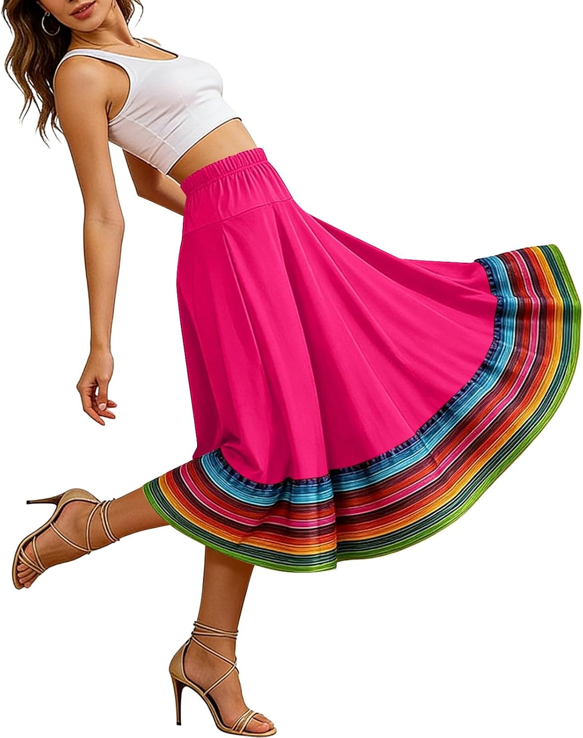 Oplxuo Women's Boho Maxi Skirt Elastic Waist Flowy A-Line Long Skirt with Colorful Striped Hem