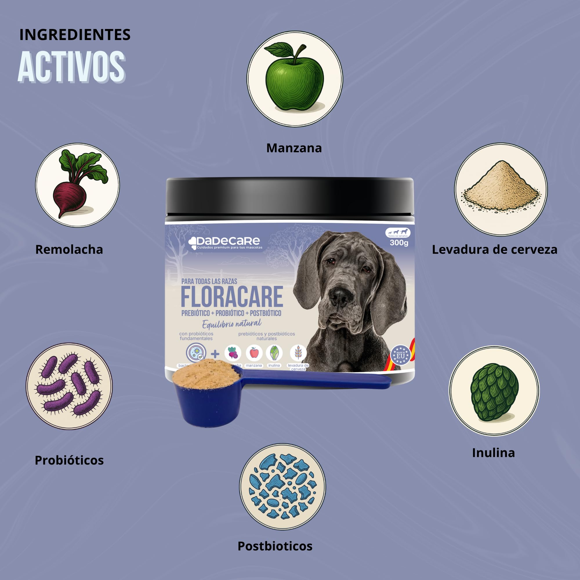 Floracare - Probioticos Perros en Polvo 300g - Repara Flora Intestinal y Mejora Digestión – Reduce Diarreas y Estrés – Ideal Tras Tratamientos o Cambio de Pienso con Prebióticos y Postbióticos