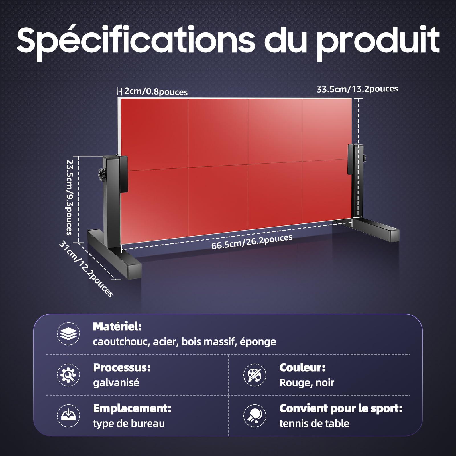 Entraîneur de tennis de table, angle réglable à 360°, 8 blocs en caoutchouc, grande zone d'exercice, tennis de table, planche de rebond avec 7 couches de bois, planche de rebond en acier pour