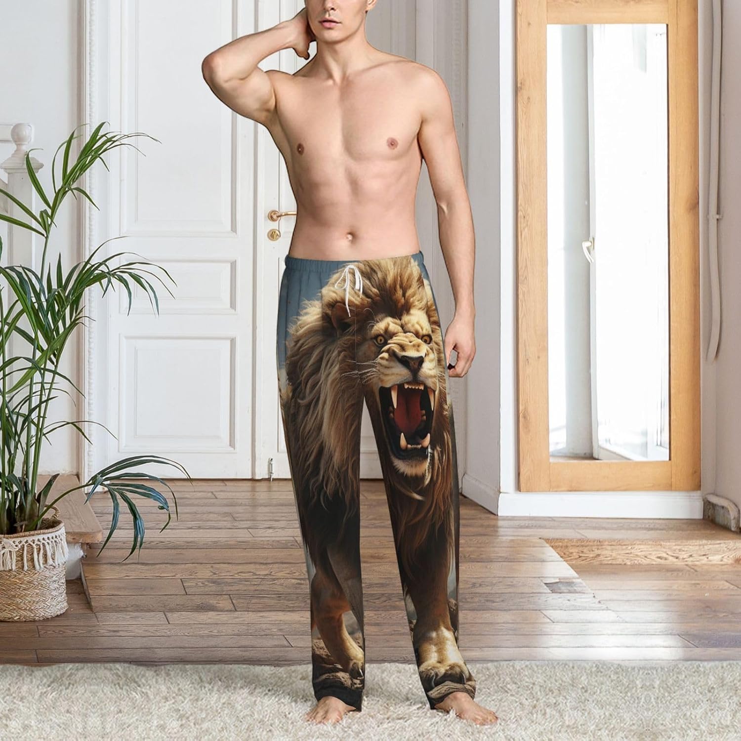 Men's Pajama Pants Flannel Pj Bottoms 3D Lion Sleep Pant with Drawstring & Pockets
