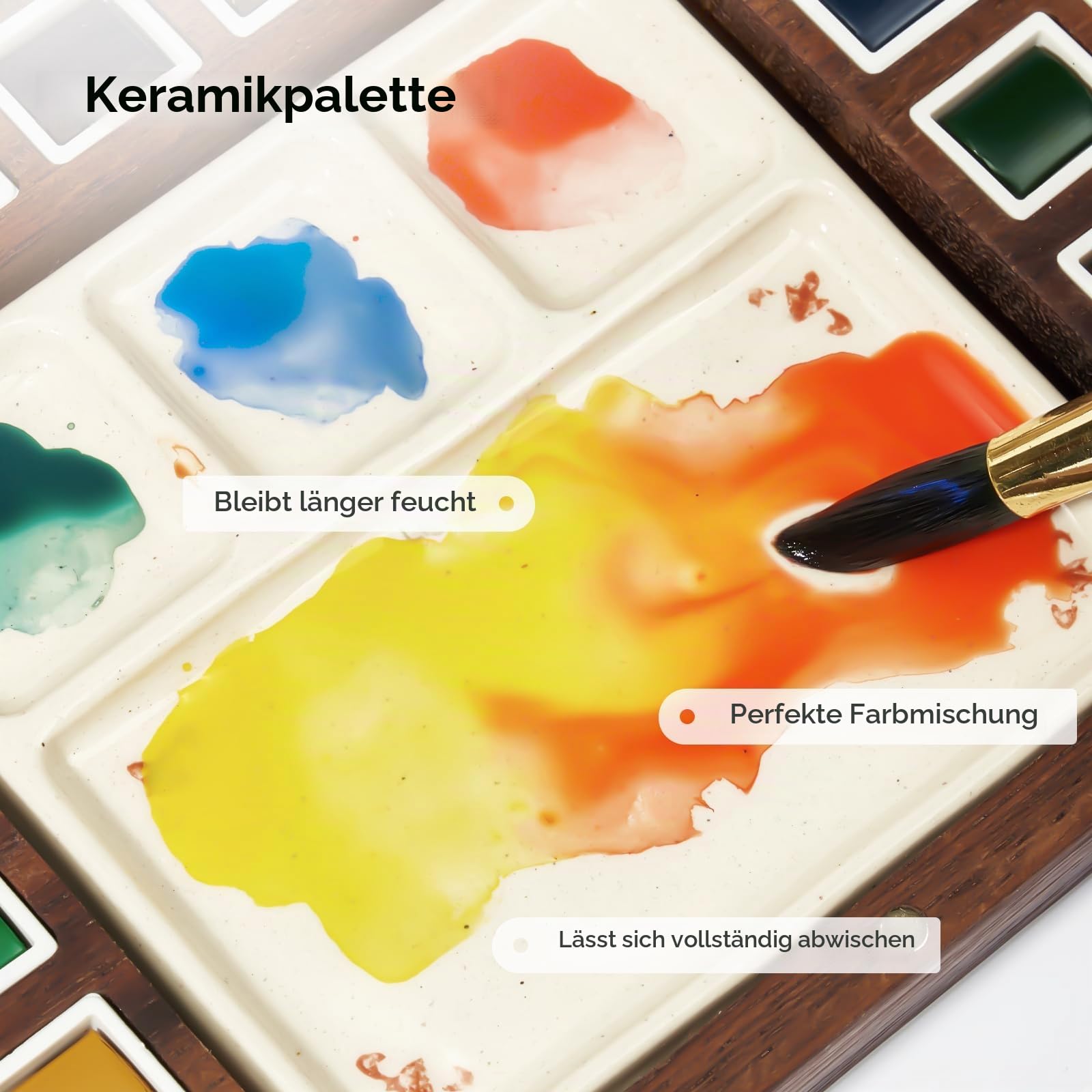 Aquarell-Farbset 36 Farben - mit hölzerner Aquarell-Palettenbox, handgefertigte Keramik-Palette, leere Musterkarte, Kunstbedarf für professionelle Künstler, Maler