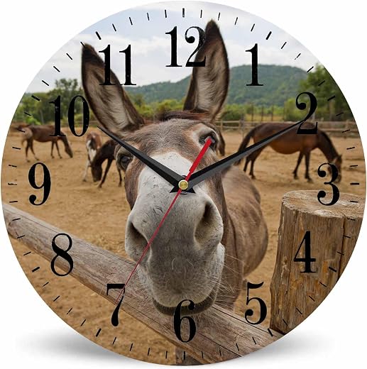 Mxocom Funny Donkey Wall Clock Cute Animal Mule Face Fence Farm Grass 10 Inch Silent Non Ticking Battery Mxocom Funny Donkey Wall Clock Cute Animal Mule Face Fence Farm Grass 10 Inch Silent Non Ticking Battery Operated Clock Vintage Round Clock for Living Room Bedroom Bathroom Office Decor