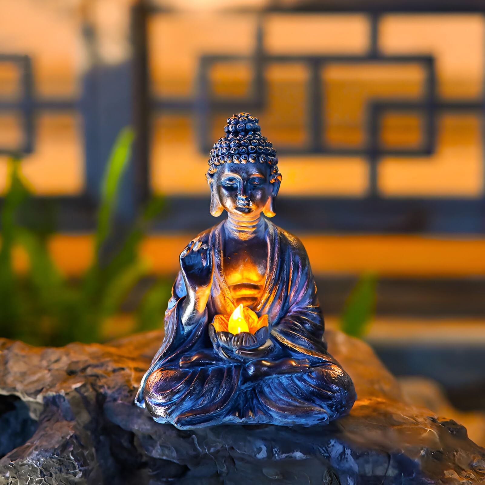 Buddha da giardino con luci a LED di loto, statua Zen in resina, decorazione cortile, terrazza, davanzale