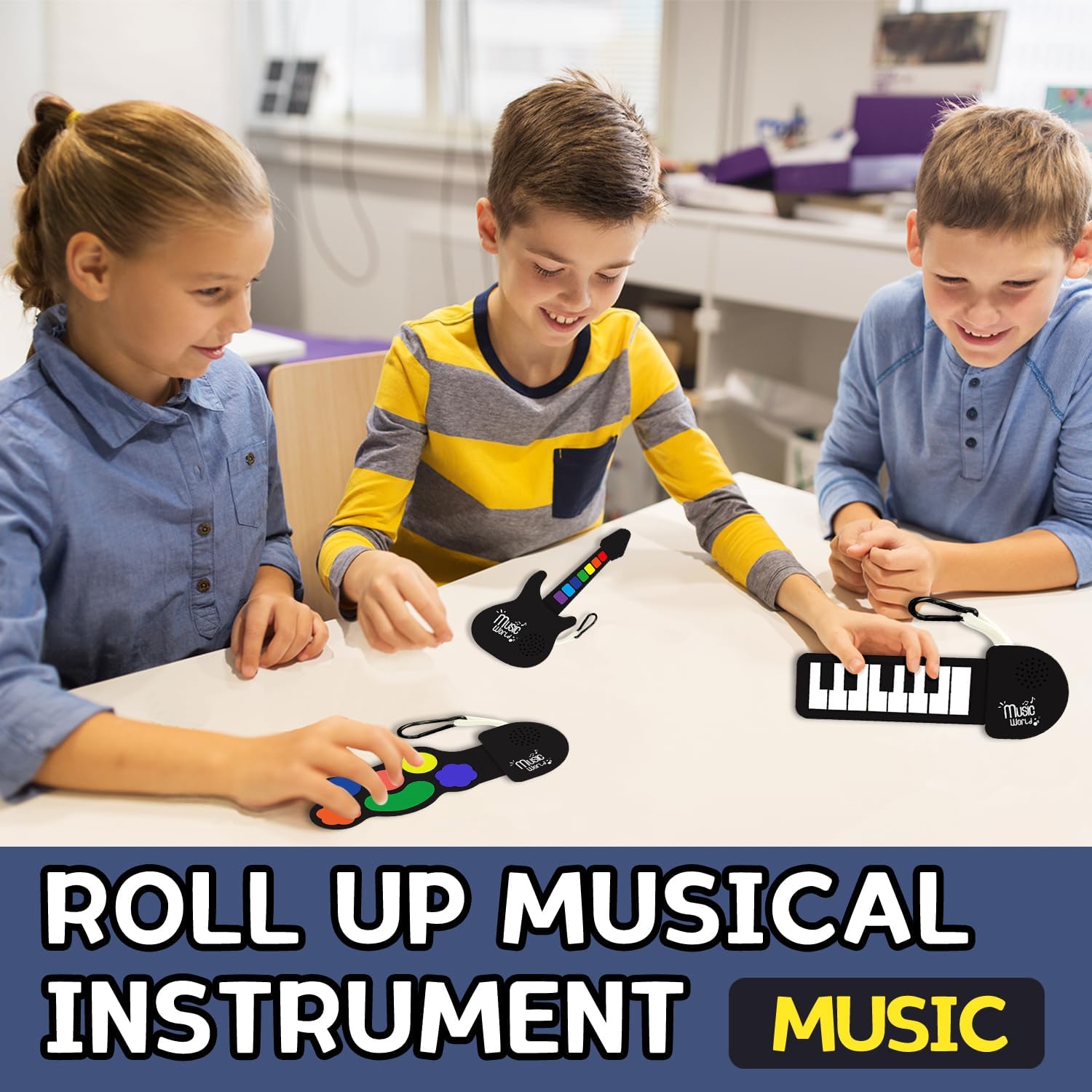 Mini Roll up Silicone Musical instuments Real Playable Keychain Toy Set Thumb On-Off Music Fidget Toy Guita Piano Jazz Drum Mini Stuff for Adults Kid Music Lover