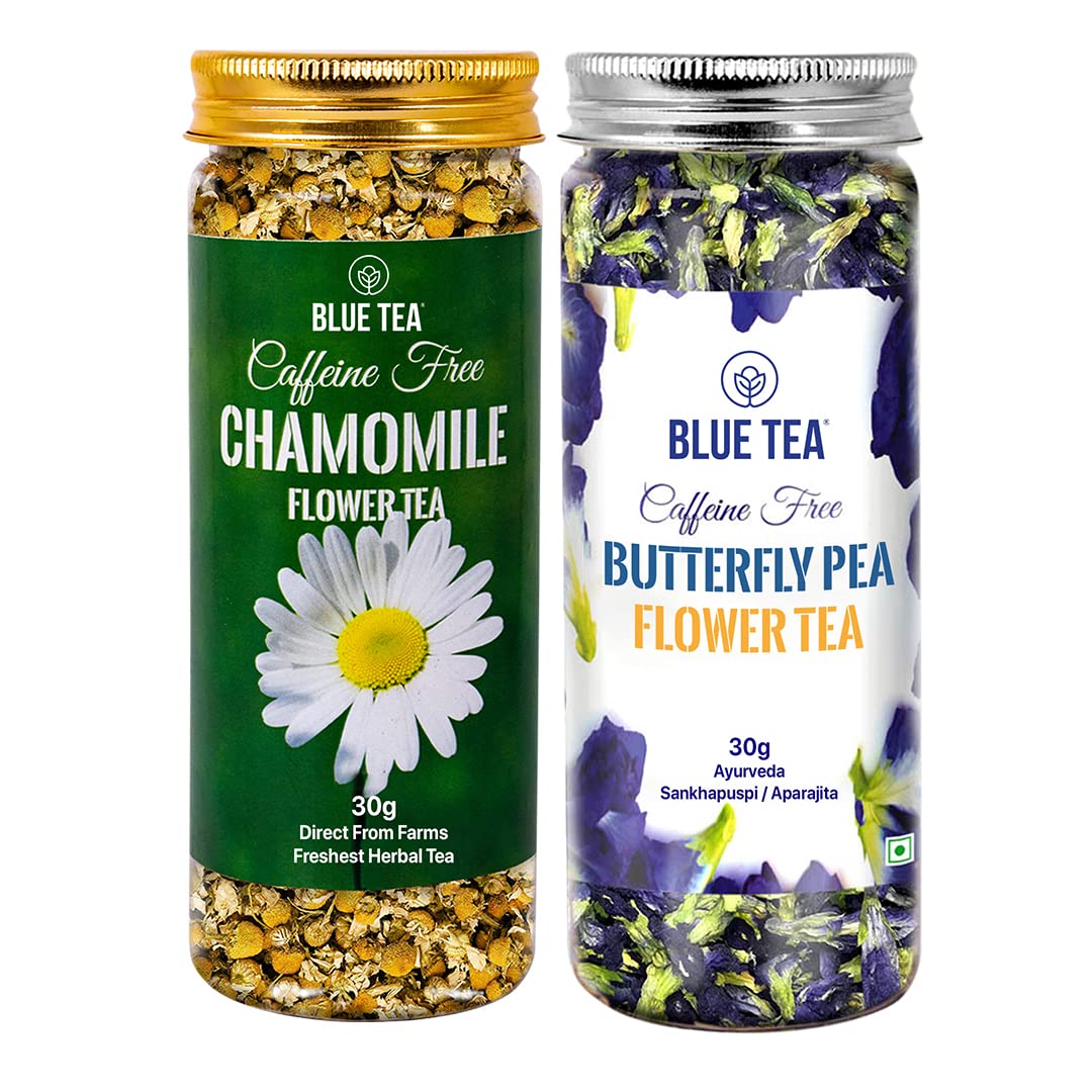BLUE TEA - Combo Pack - Butterfly Pea Flower (30gm - 30 Cups) + Chamomile Tea For Sleep (30gm - 30 Cups) | SLEEP & ANTIOXIDANTS RICH | Caffeine Free - Flower Based - Herbal Tea | Pet Jar Pack