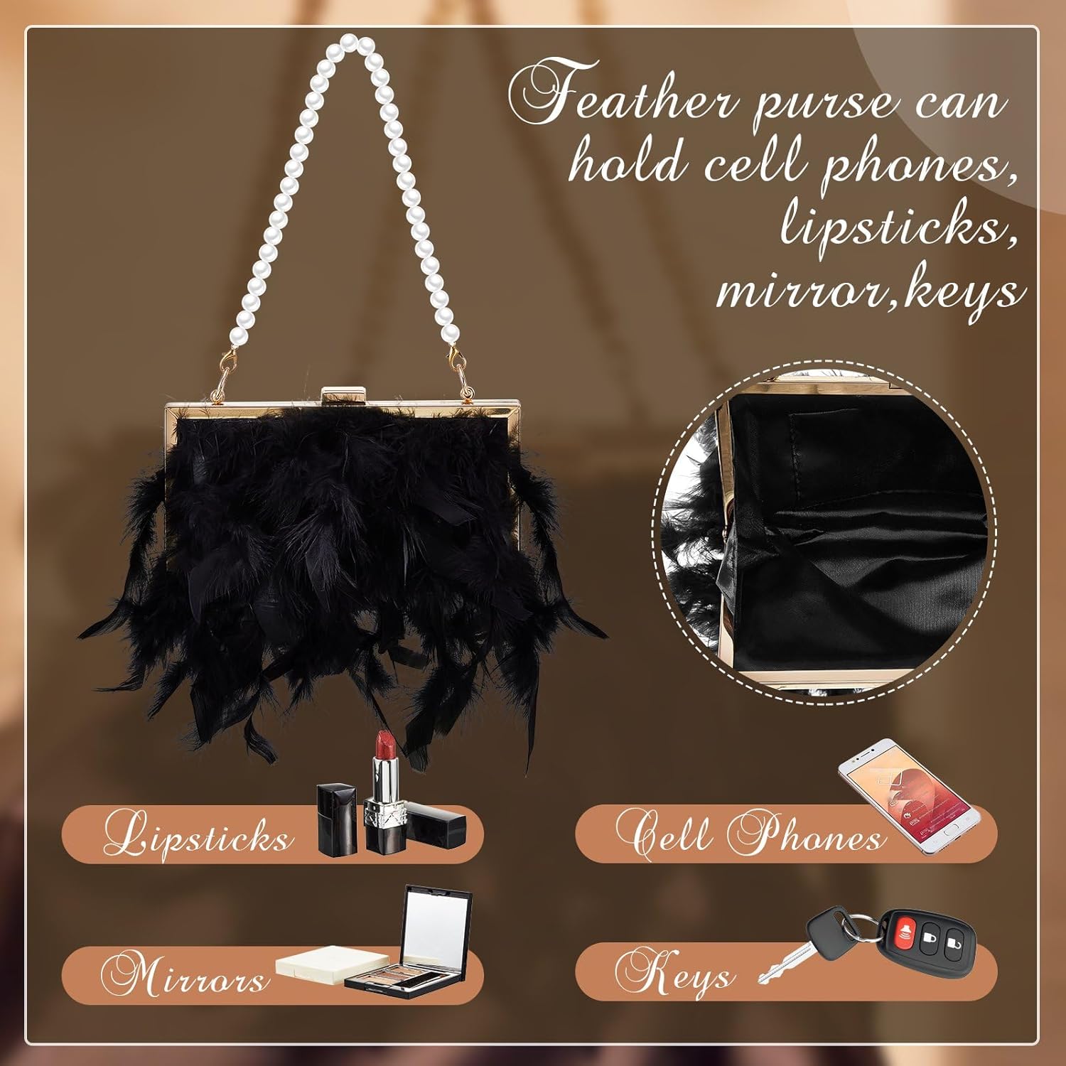 Amylove Feather Clutch Purses for Women, Evening Bags Furry Purse with 2 Chains for Wedding Bride Fringe Glossy Designer - Image 6