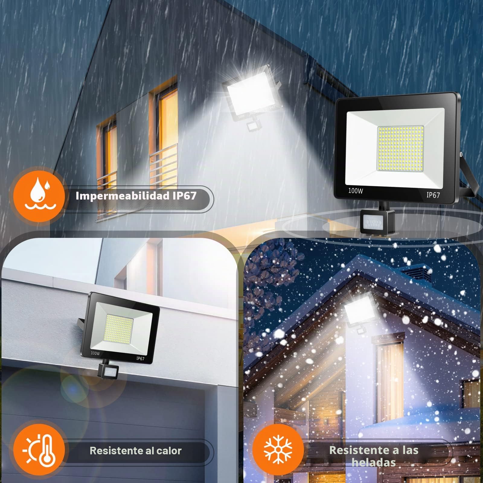 YIQIBRO Foco LED con Sensor de Movimiento 100W 2 Piezas, 10000LM 6500K Luz con Sensor de Movimiento, IP67 Impermeable Focos Exterior, Luces LED para Jardin Terraza Garaje Entrada