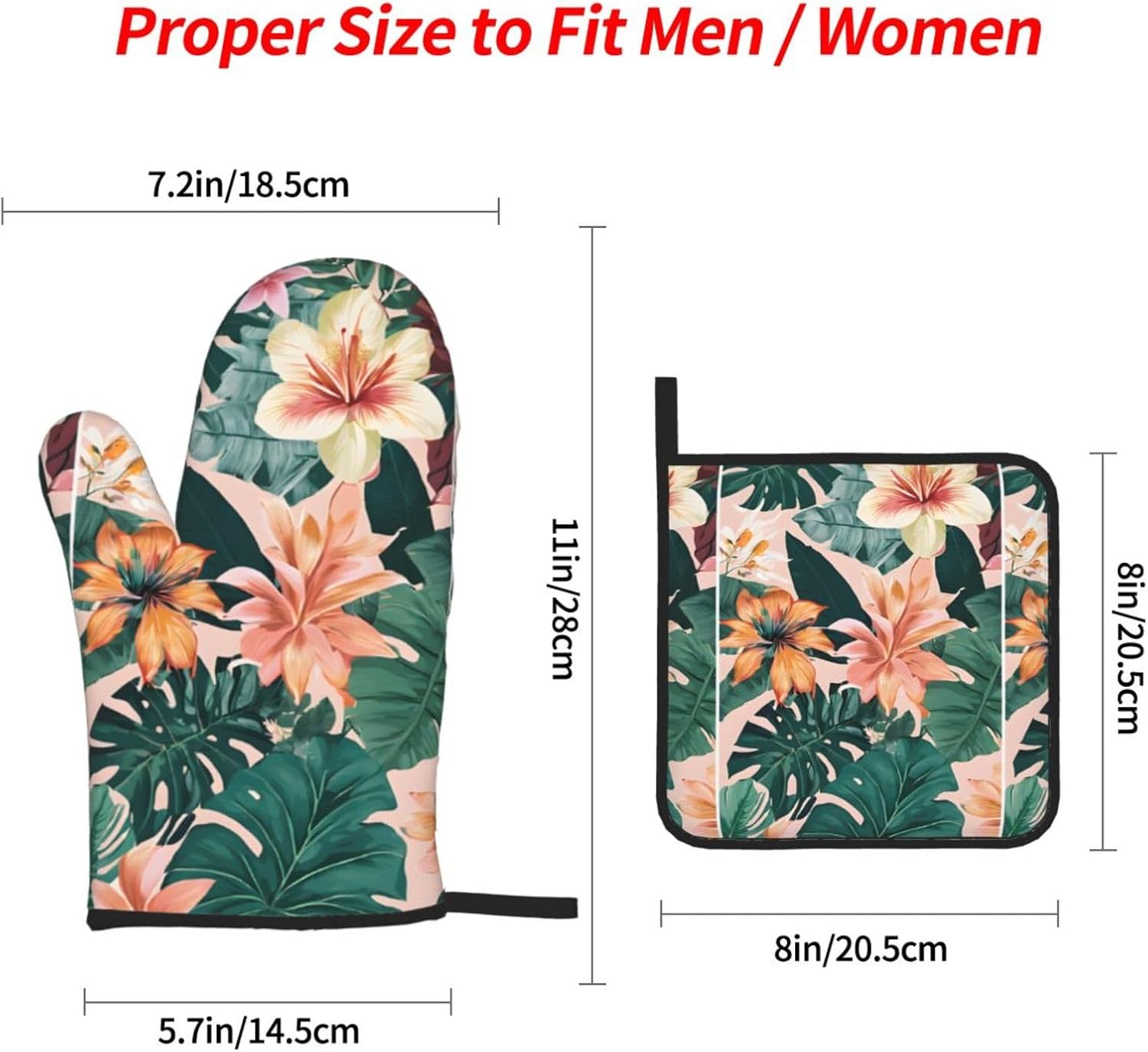 (Tropical Summer Hawaiian Flower Palm Leaves) Baking 4-Piece Set: 2 Oven Mitts and 2 Pot Holders Heat Resistant Waterproof Hanging Loop for Kitchen Oven Grill Housewarming Gifts