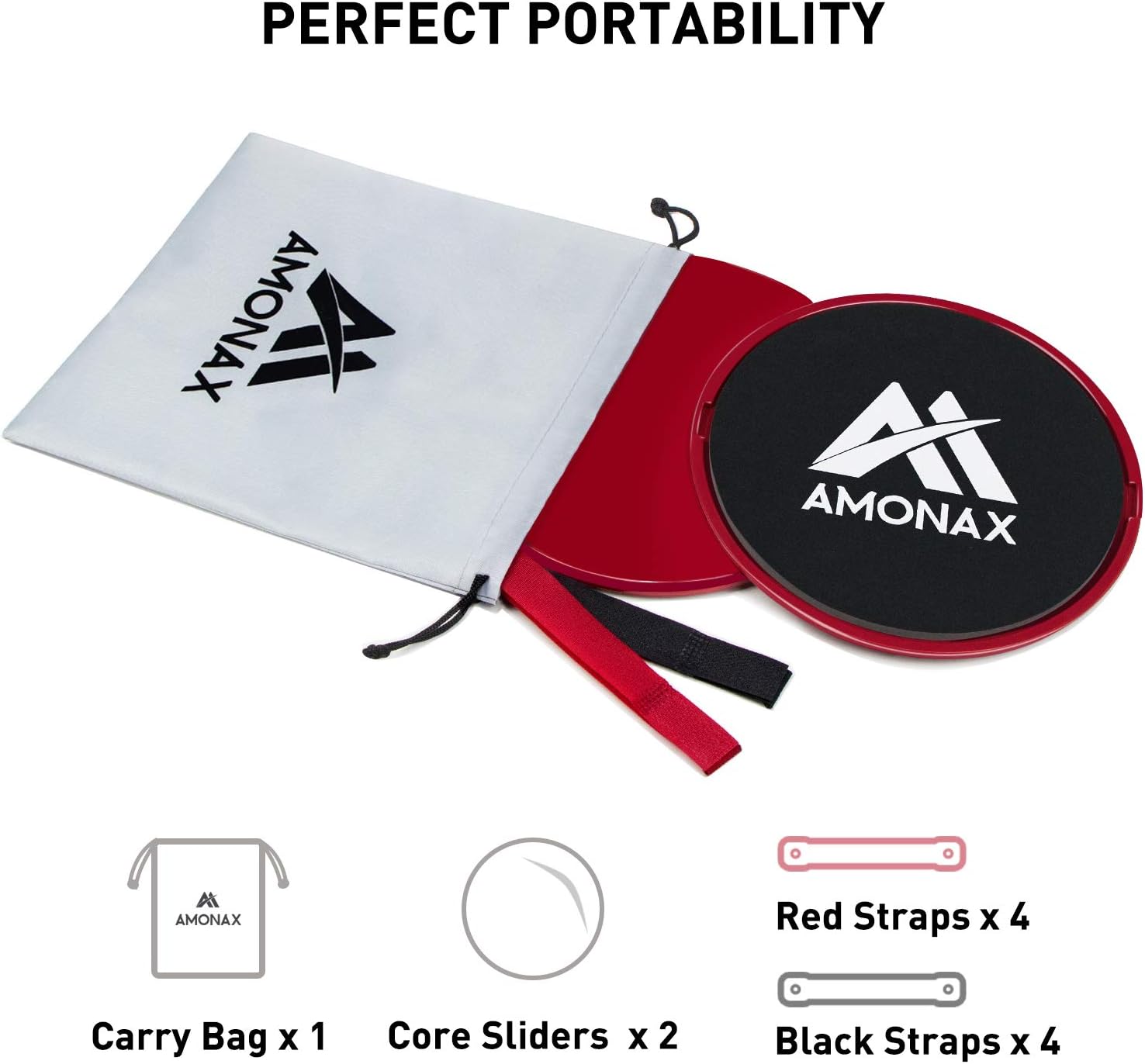 Amonax gliding discs and straps neatly packed in a white carry bag, illustrating the product's portability. Includes icons for carry bag, core sliders, red straps, and black straps.