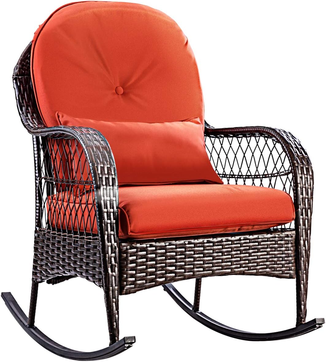 COSTWAY Wicker Rattan Rocking Armchair, Relax Outdoor Lounge Chair with Lumbar Pillow & Cushion, Patio Rocking Seat for Porch Lawn Deck (Red, 84x59x95cm)