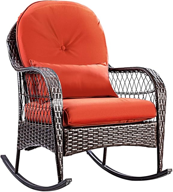 COSTWAY Rattan Armchair Wicker Rocking Sofa Relaxing Lounge Chair Metal Frame with Lumbar Pillow & Cushion, Garden Patio Porch Lawn Deck Backyard Furniture