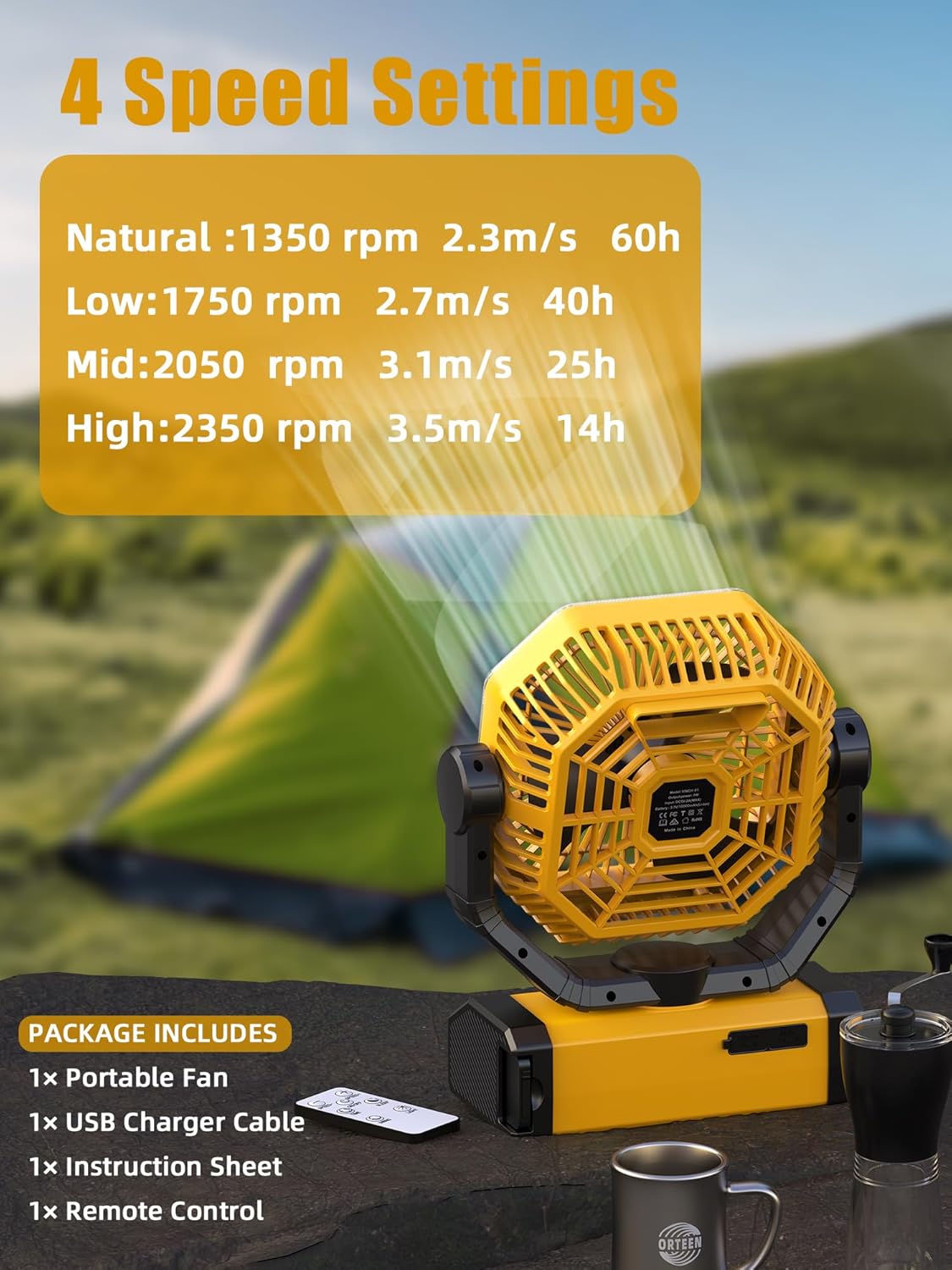 Orteen Rechargeable 9-Inch Portable Table Fan, 20000mAh Battery Powered Camping Fan with Auto Oscillation, Remote Control, LED Light, Hook - 20000mAh-Yellow - Image 2