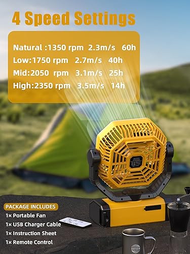 Miniatura 2 de Tent Fan - 9-Inch Battery Operated Fan for Camping - 20000mAh 60Hrs Portable Rechargeable Fan for Tent, Camping Fan with Light, Remote, 4 Speeds, 4