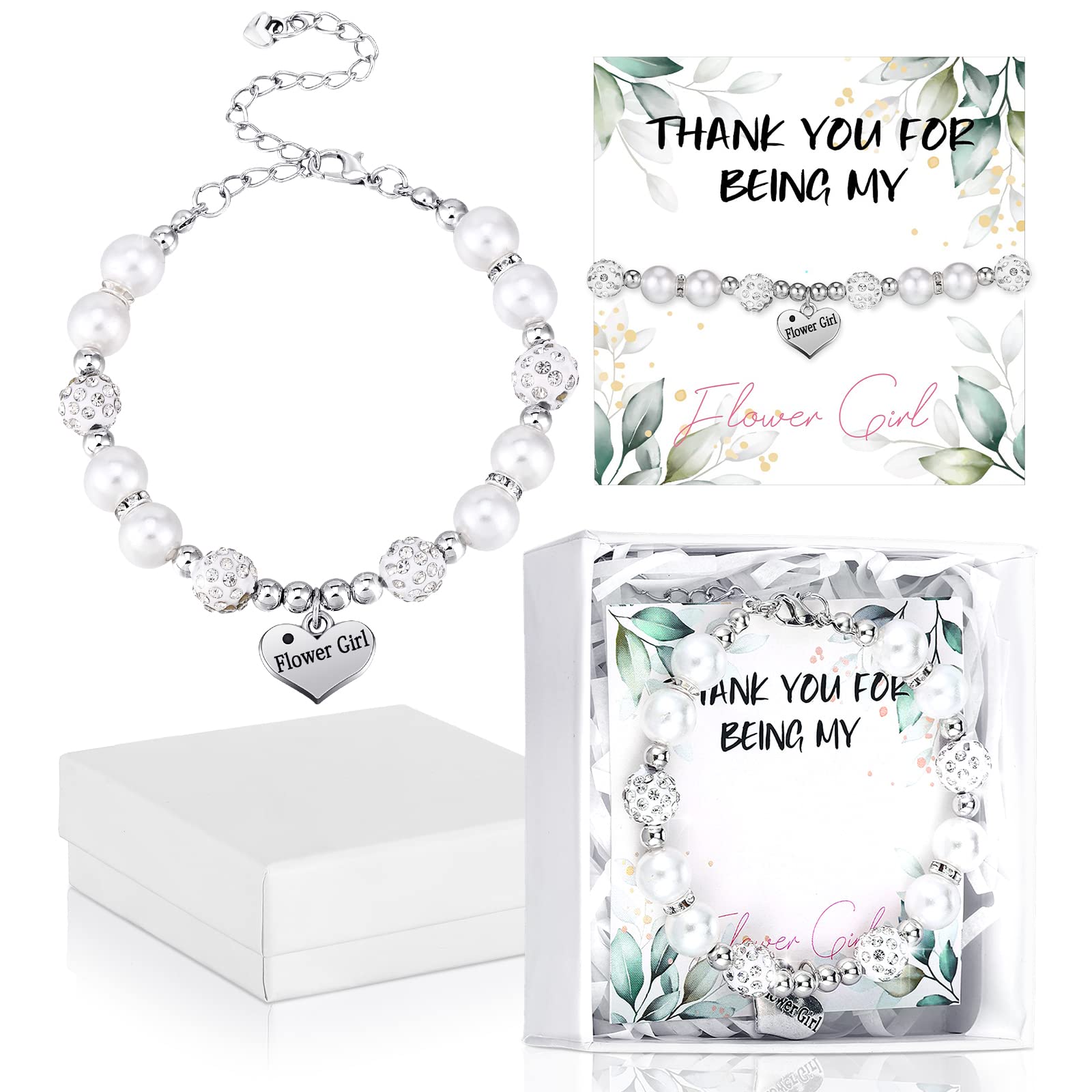 Yinkin 2 Sets Flower Girl Bracelet Wedding Set 2 Proposal Wristbands 2 Cards 2 Box with Raffia Heart Charm Wristbands Gift Thank You for Being My