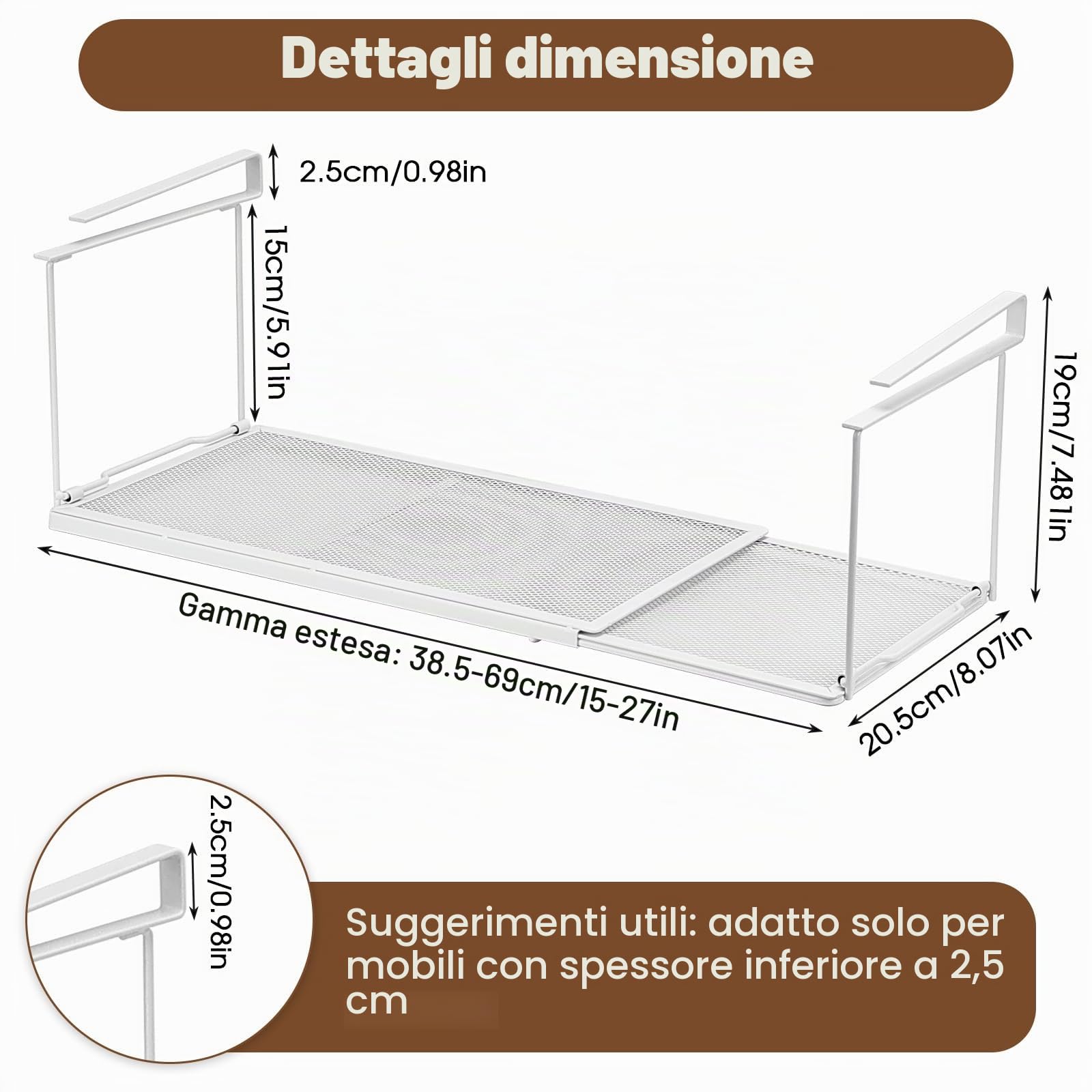 Cestello Sottoripiano, Cesto Portaoggetti da Appendere, Organizer Espandibile per Armadio Cestello Portaoggetti in Metallo Cesto Sotto Ripiano per Cucina, Ufficio, Dispensa, Bagno, Lavanderia