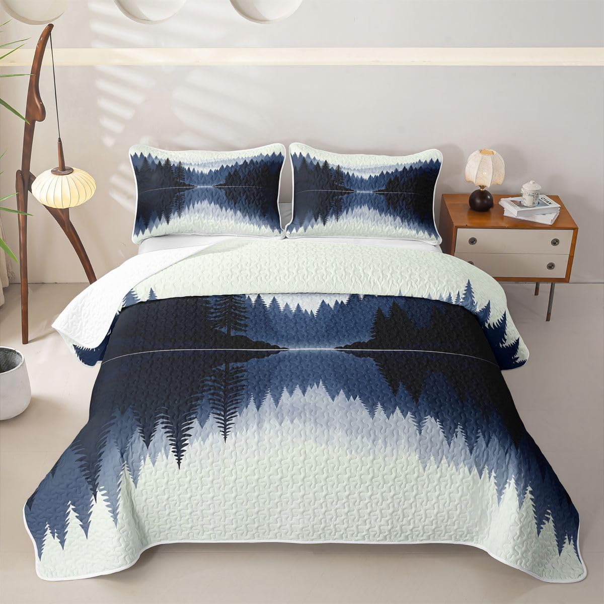 Erosebridal Nature Wood Landscape Quilt Set Smooth Lake Water Quilt Queen Size Kids Boys Girls Trees Coverlet Blue Pine Tree Quilted Bedspread with 2 Pillowcases