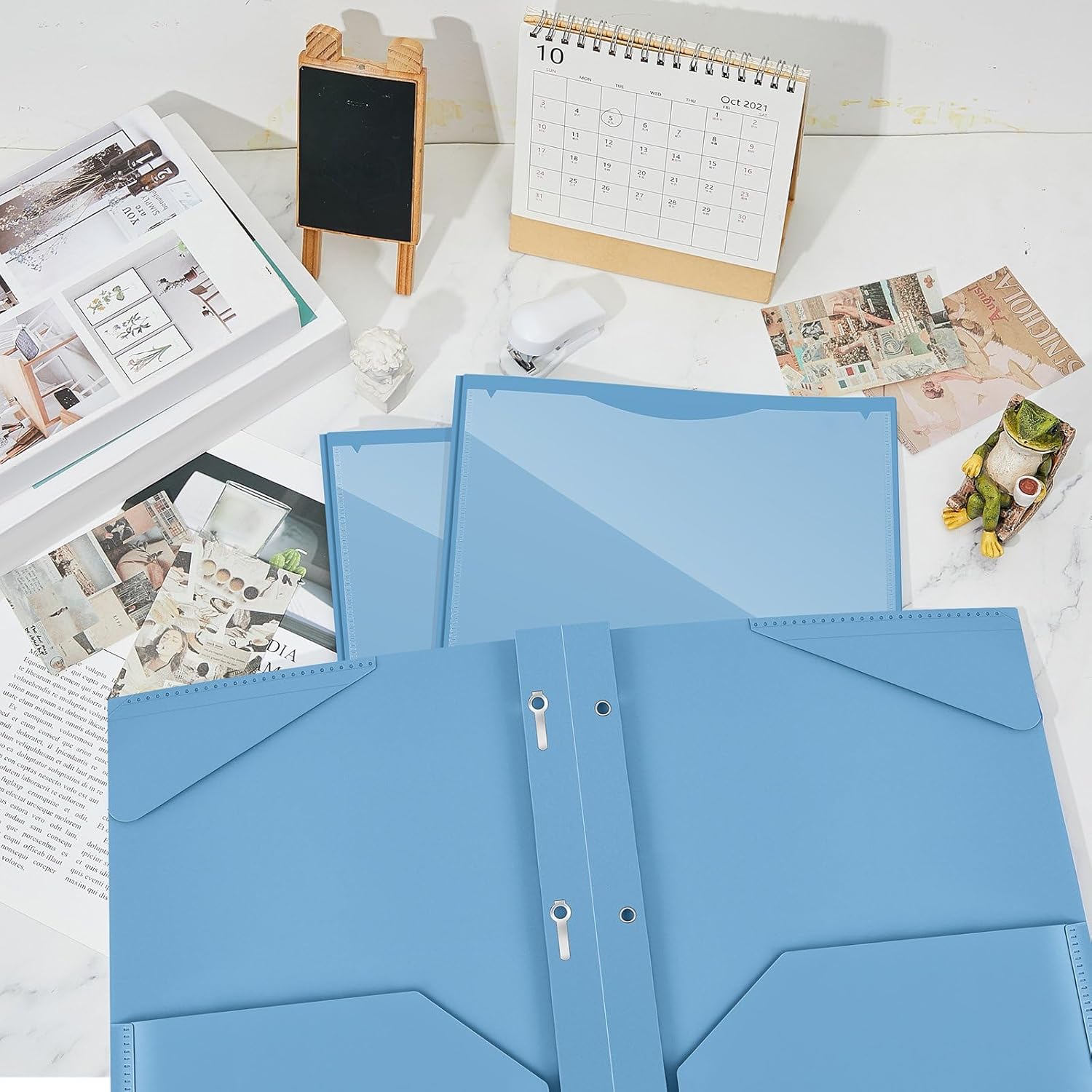 Henoyso 18 Pcs Plastic Folder with Clear Front Pocket and 3 Prong Plastic Folders with Card Slot Pocket Folders with Prongs for School Office (Haze Blue)