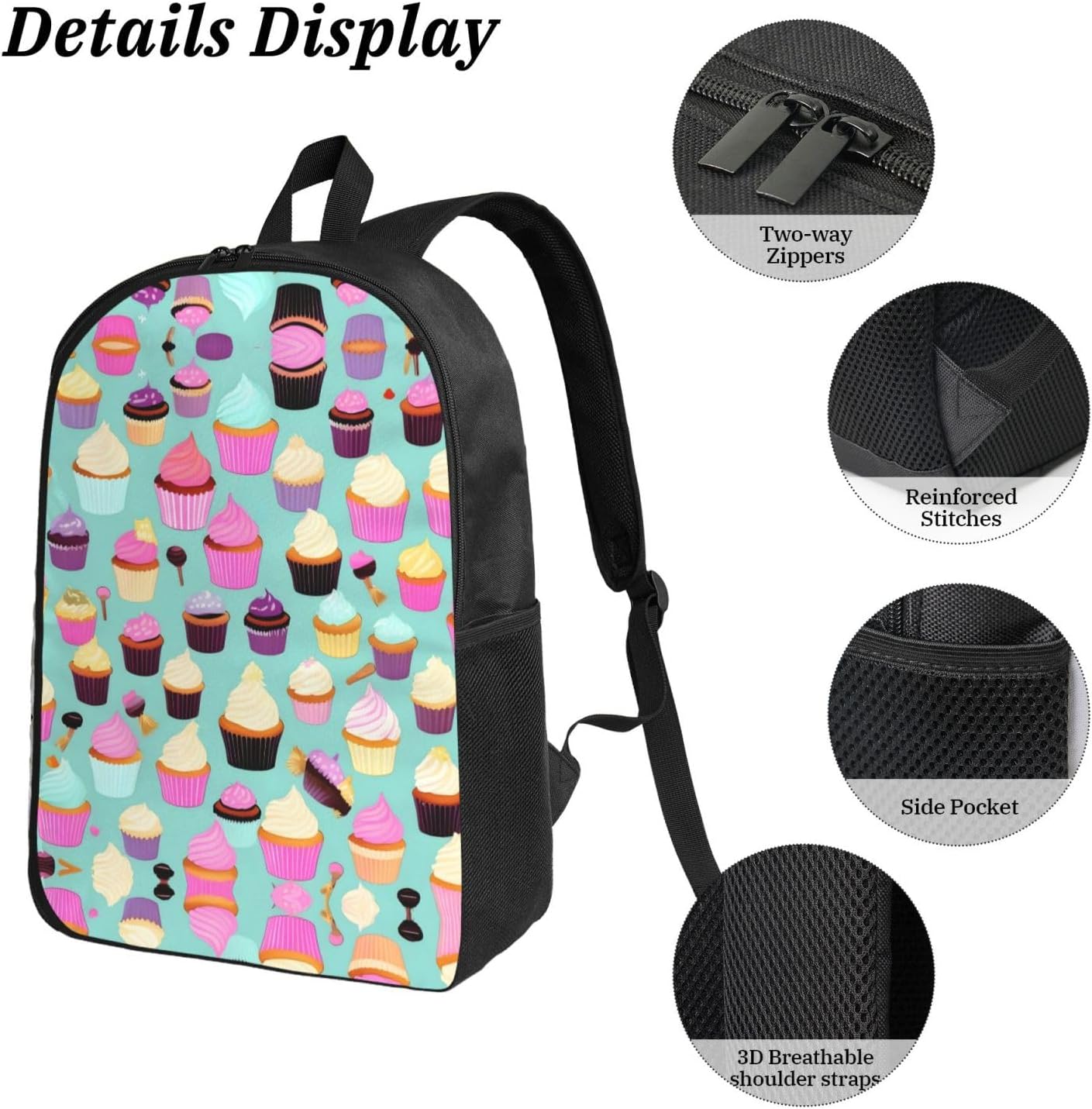 Cupcake Pattern print 3 Piece Backpack Bags with Lunch Box Pencil Case Set for Travel Work Camping Unisex