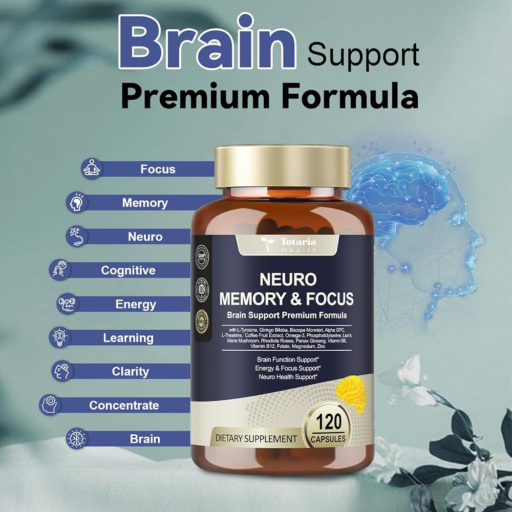 Totaria Brain Supplements for Memory and Focus, Brain Health with L-Tyrosine, Alpha GPC, Ginkgo Biloba, Bacopa Monnieri, Nootropic Cognitive Support - Non-GMO, Gluten Free (120 Counts)