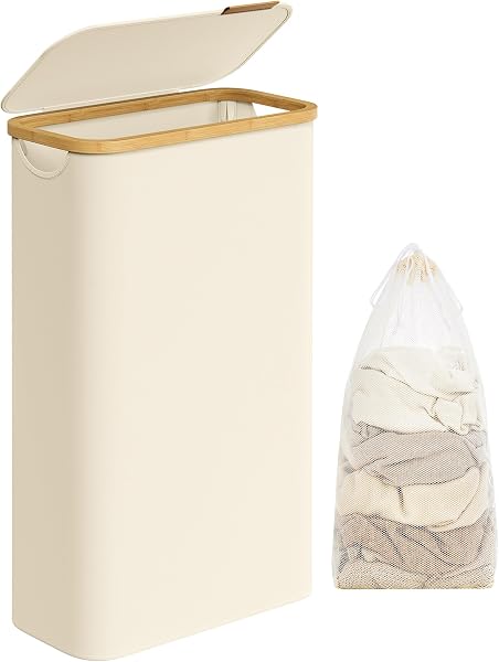 SONGMICS Kosz na pranie Slim z pokrywką, 65 l, tkanina Oxford, składany | Kosz na pranie, 42 x 22,5 x 70,5 cm, wyjmowana