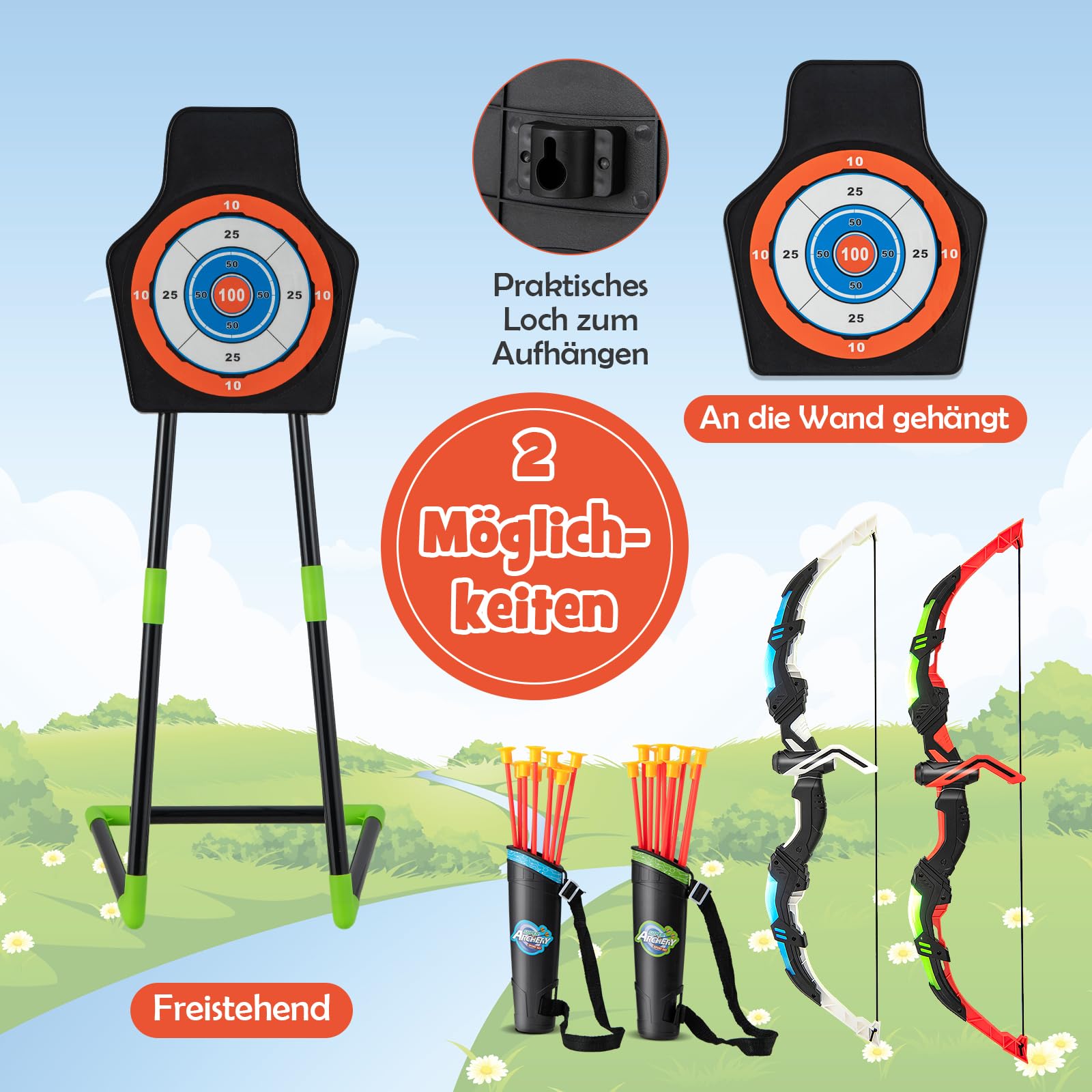 DREAMADE 2 Pack Pfeil und Bogen Spielzeug für Kinder mit LED Leuchten – 2 Bogen & 20 Saugnapfpfeile & 2 in 1 Zielscheibe & 2 Köcher, Bogenschießen Spielzeug Indoor und Outdoor für Jungen Mädchen
