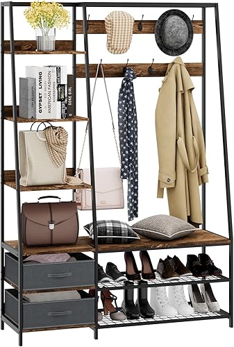 Tangkula Árbol de pasillo con banco y almacenamiento de zapatos banco de entrada industrial con perchero 2 aparadores de tela 6 estantes laterales 9
