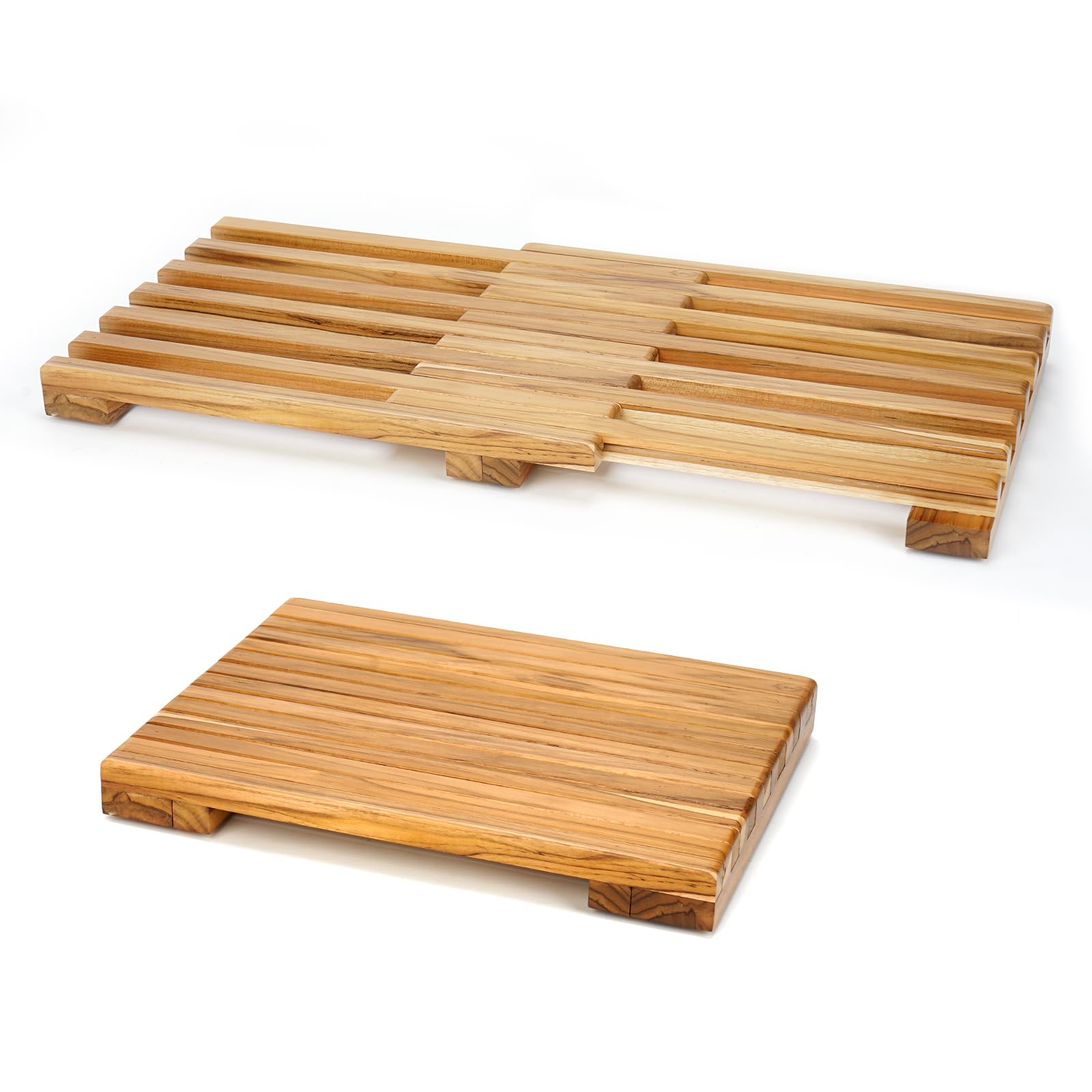 Teak Shower Mat – Adjustable Length Wooden Bathroom Mat, Non-Slip Bath Mat, Sauna Mat for Spa, Sauna Room, Pool, Indoor Outdoor Flooring