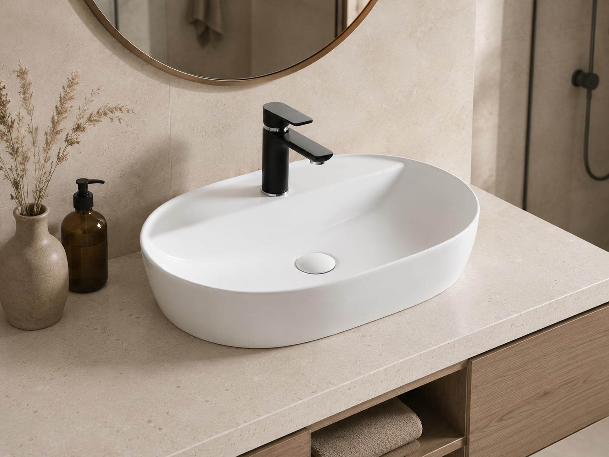 Premium Waschbecken oval - Hochglanz Aufsatzwaschbecken - Keramik-Becken für Waschtisch - Waschschale weiß - 610 x 400 x 120 mm