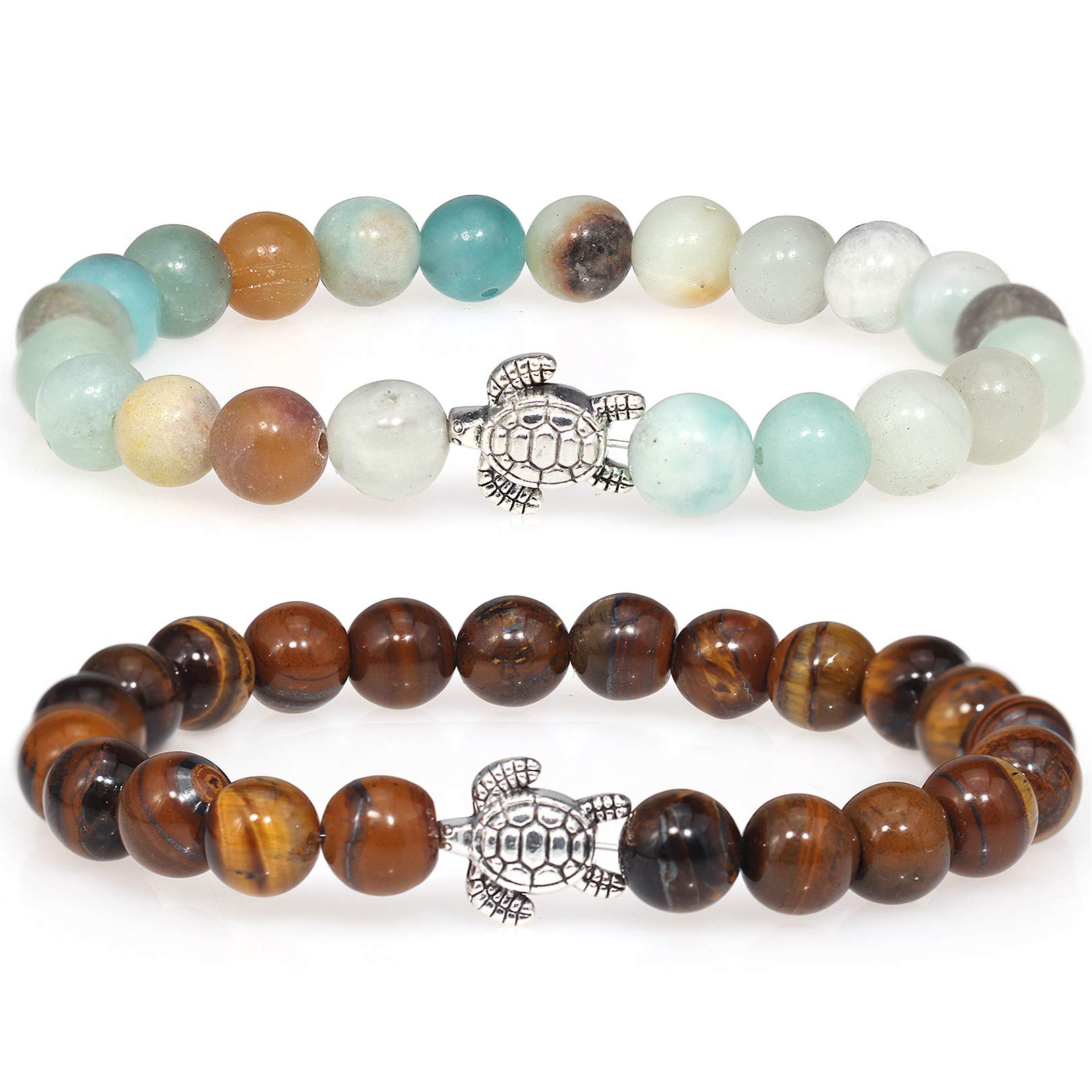 YooAiTurtle Bracelet 2Pcs Nature Stone Beads Bracelets for Women Elastic Rope Adjust Bracelets