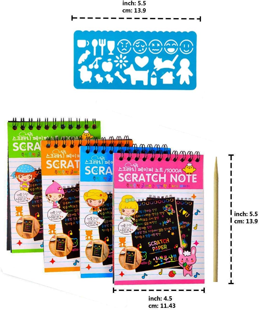 YUKKLY 8-Pack Rainbow Scratch Art Notes with 8 Colorful Mini Notebooks, 8 Wooden Styluses, 8 Drawing Stencils, Rainbows Scratchboard Arts & Crafts Kits, Cute Unique Gift Idea for Kids