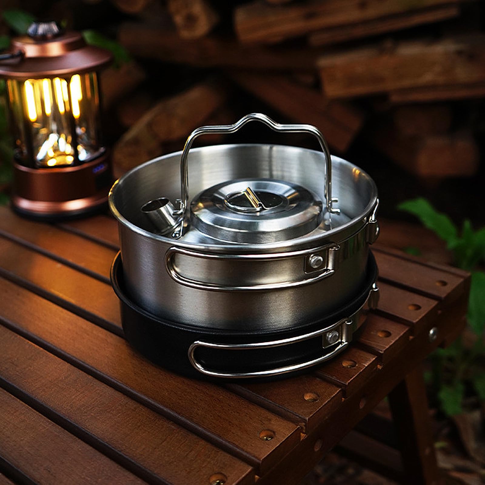Set di pentole da picnic da campeggio, padelle e bollitore con coperchio Contenitori in acciaio Kit di pentole Utensili da tavola Utensili da cucina Set di pentole per zaino in spalla