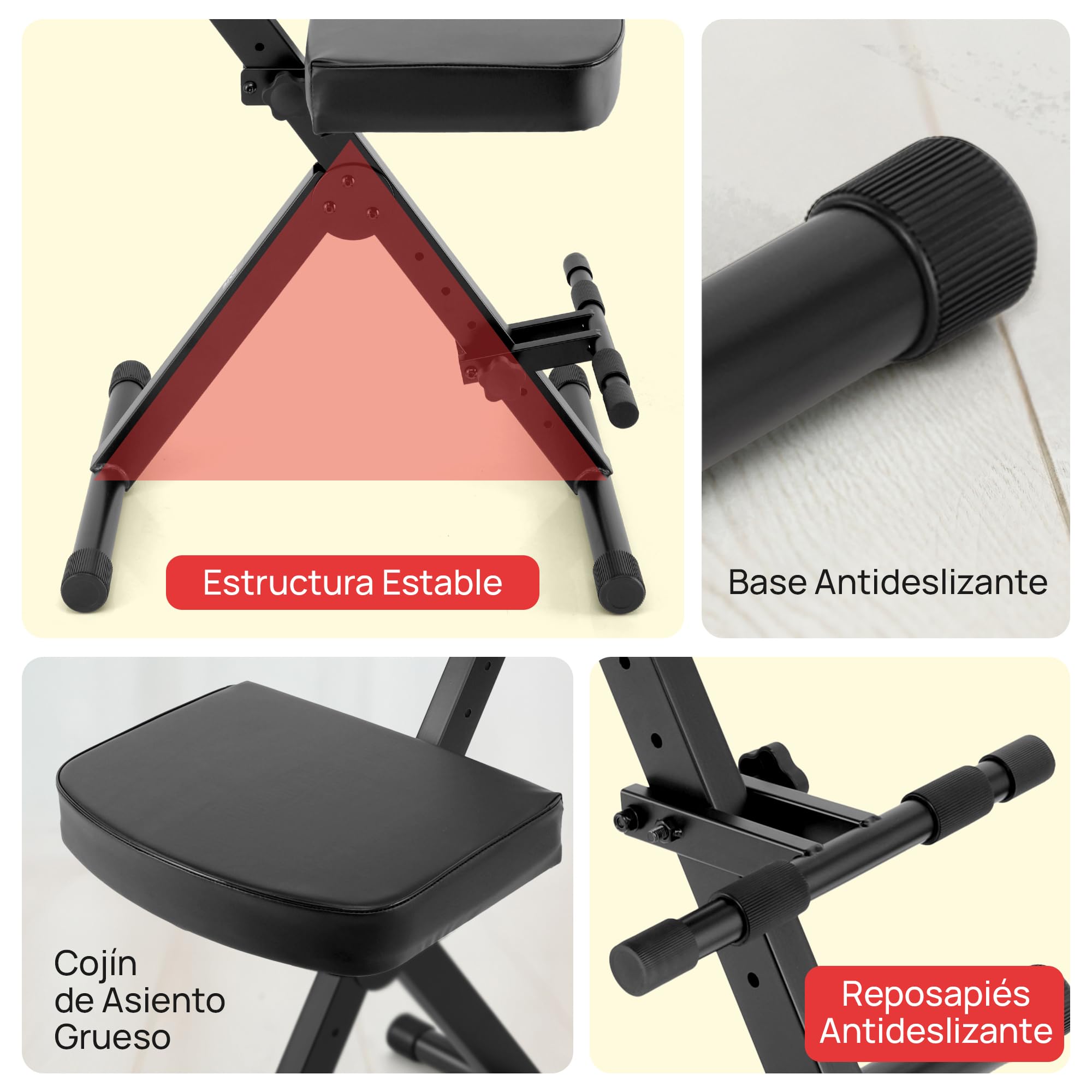 Pyle Taburete Guitarra, Silla bateria, Portátil, Ajustable, para músicos Plegable, Asiento y Respaldo Acolchados, Reposapiés