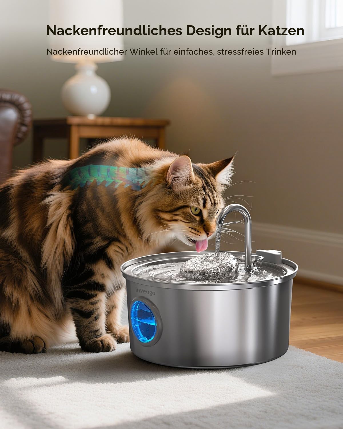 Invengo Katzenbrunnen Edelstahl, 3.2L Ultra-Leiser Trinkbrunnen für Katze mit Wasserstandsanzeige und 5-Fach Filtersystem - Haustierbrunnen für Katzen und Kleine Hunde, Inklusive 4 Ersatzfiltern