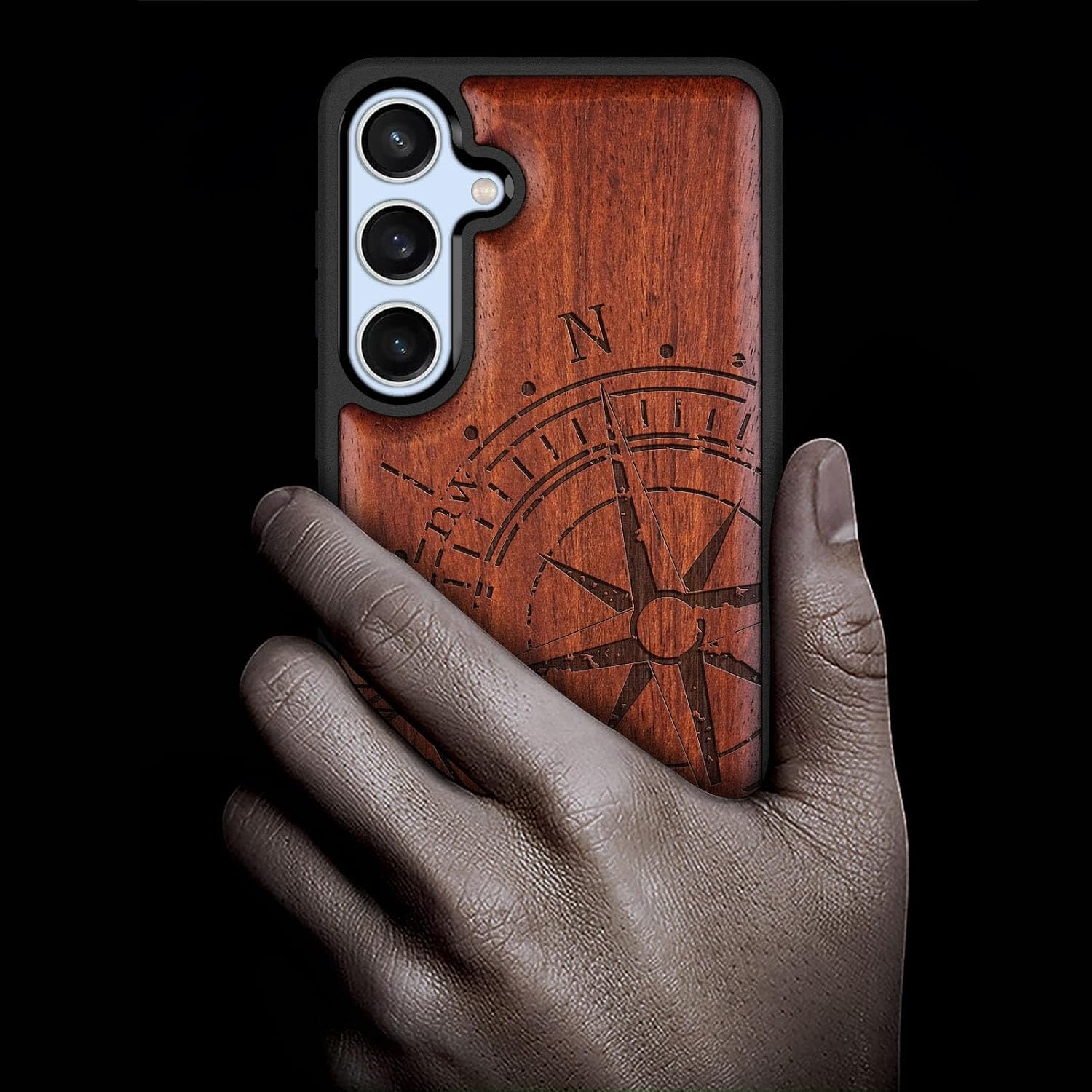 Carveit Wood Case for Galaxy S24 FE Case [Natural Wood & Black Soft TPU] Shockproof Protective Cover Unique Wooden Design Compatible with S24 FE (The Incomplete Compass-Rosy)