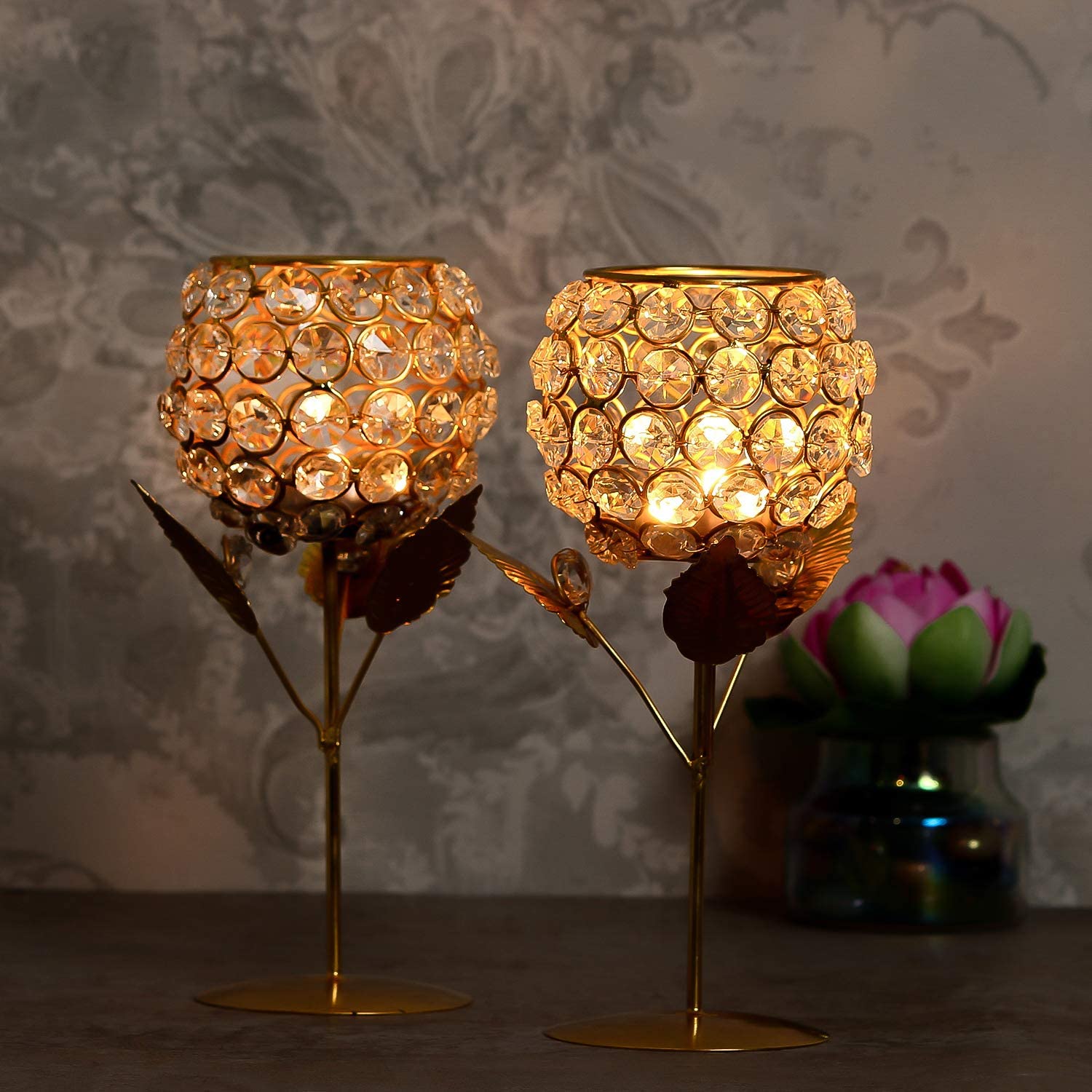 Lot de 2 bougeoirs en cristal plaqué or – Support pour bougie chauffe-plat en laiton, centre de table élégant pour décoration d'intérieur, Noël, mariage (21,6 cm)