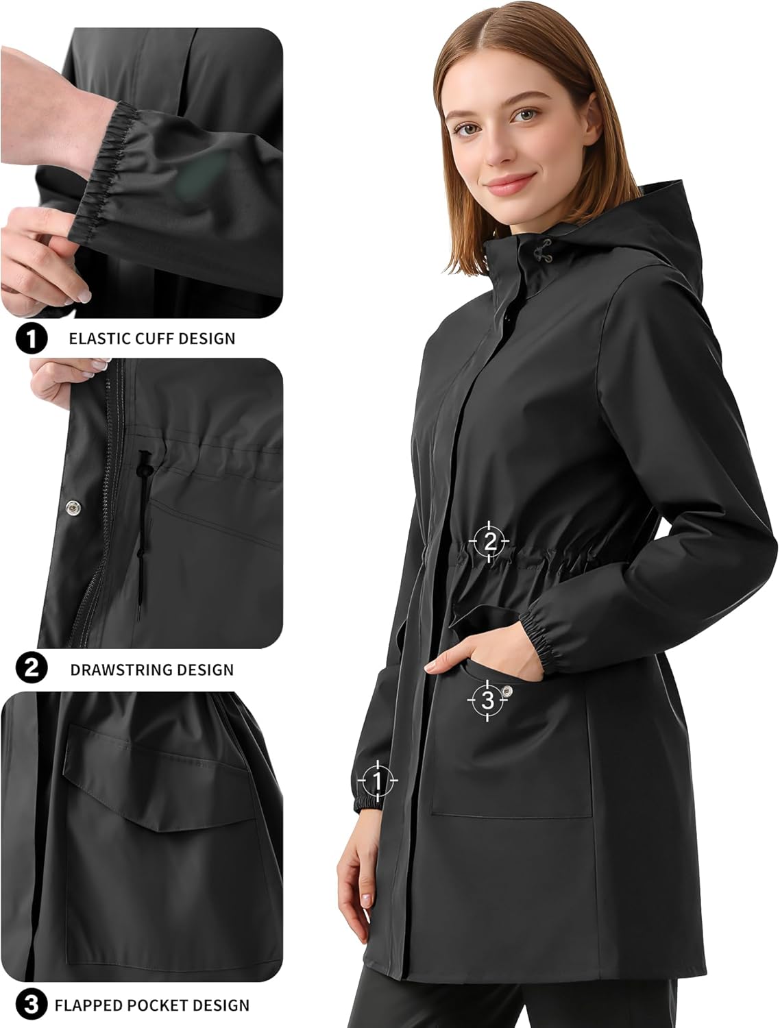 iCreek Women's Long Rain Jacket Waterproof Lightweight Packable Raincoat Hood Windbreaker for Outdoor Hiking, Cycling, Travel