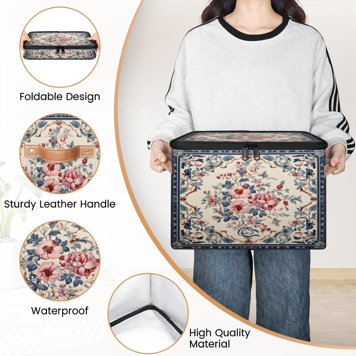 Storage Bin Set of 2 Retro Ethnic Flower Storage Basket with Zipper Lid & Handle Foldable Closet Shelf 2 Pack Cloth Organizer Basket Cube Bins Clothes Organizer for Bedroom, Nursery