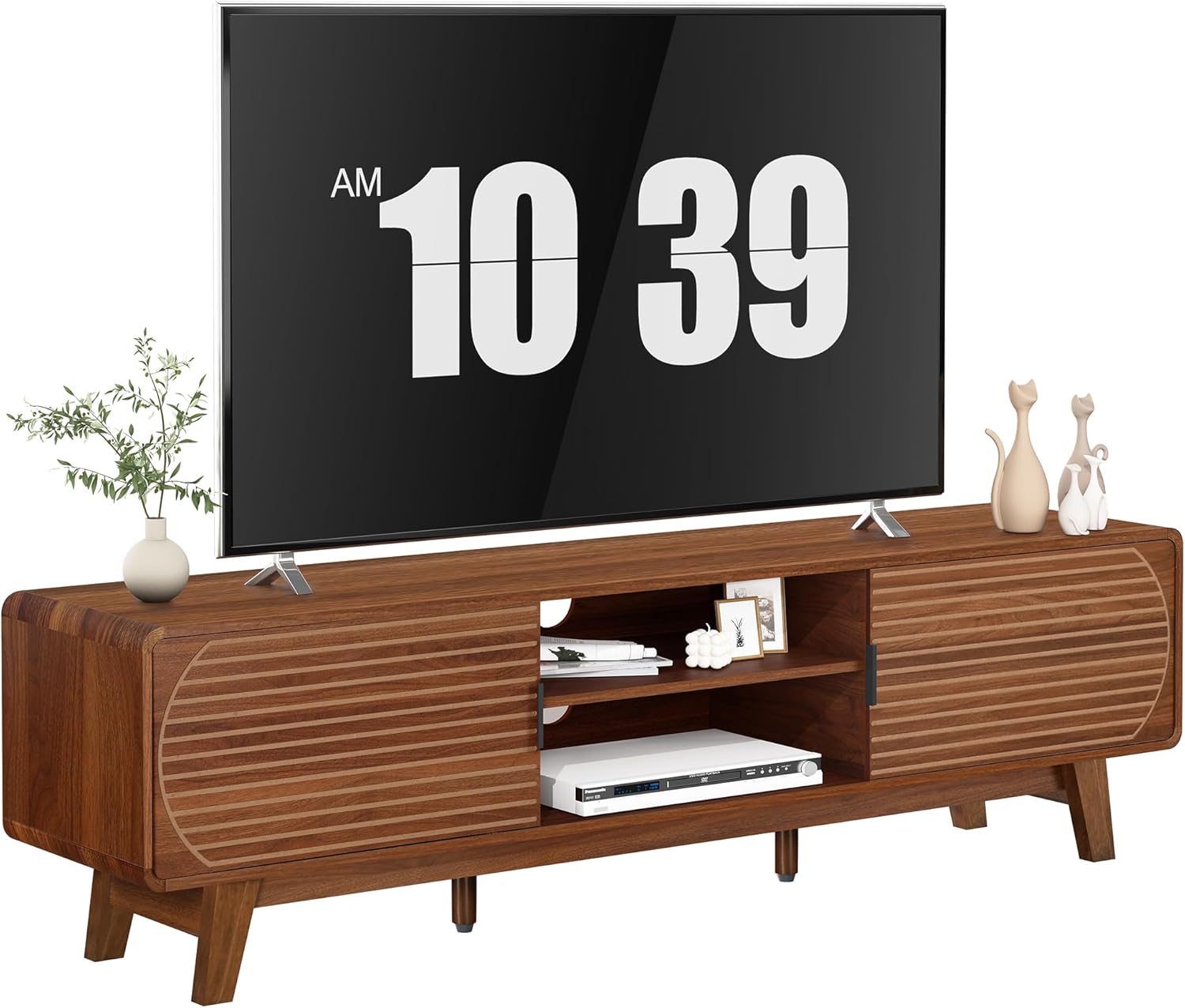 Turtle & Myrtle 63" Mid Century Modern TV Stand for Tvs up to 70", Fluted TV Media Console Table with Storage and Adjustable Shelves, Curved Edge Entertainment Center for Living Room (Brown)